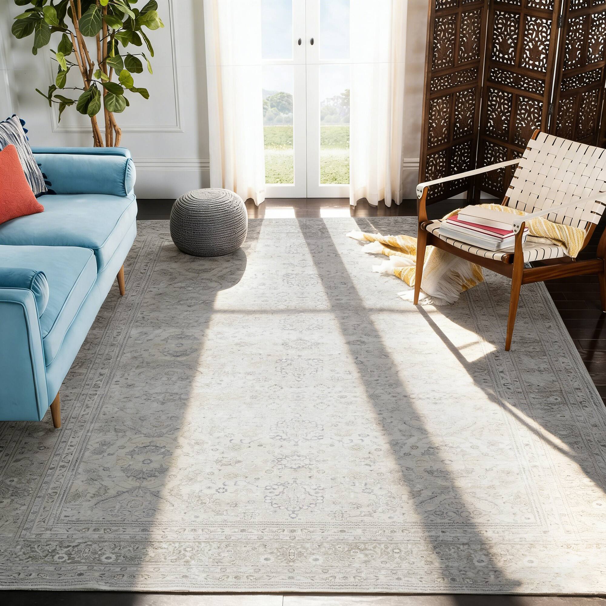 Front. RYHNUYNE - 5x7 Gray Washable Area Rug, Modern Traditional Stain Resistant Distressed Carpet, Soft Thin Rug for Dining Room Office - gray.