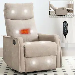 Kadyn - Fabric Heat Massage Recliner Chair, 8 Vibration Modes & Lumbar Heat, Rocker Swivel, khaki - Brown