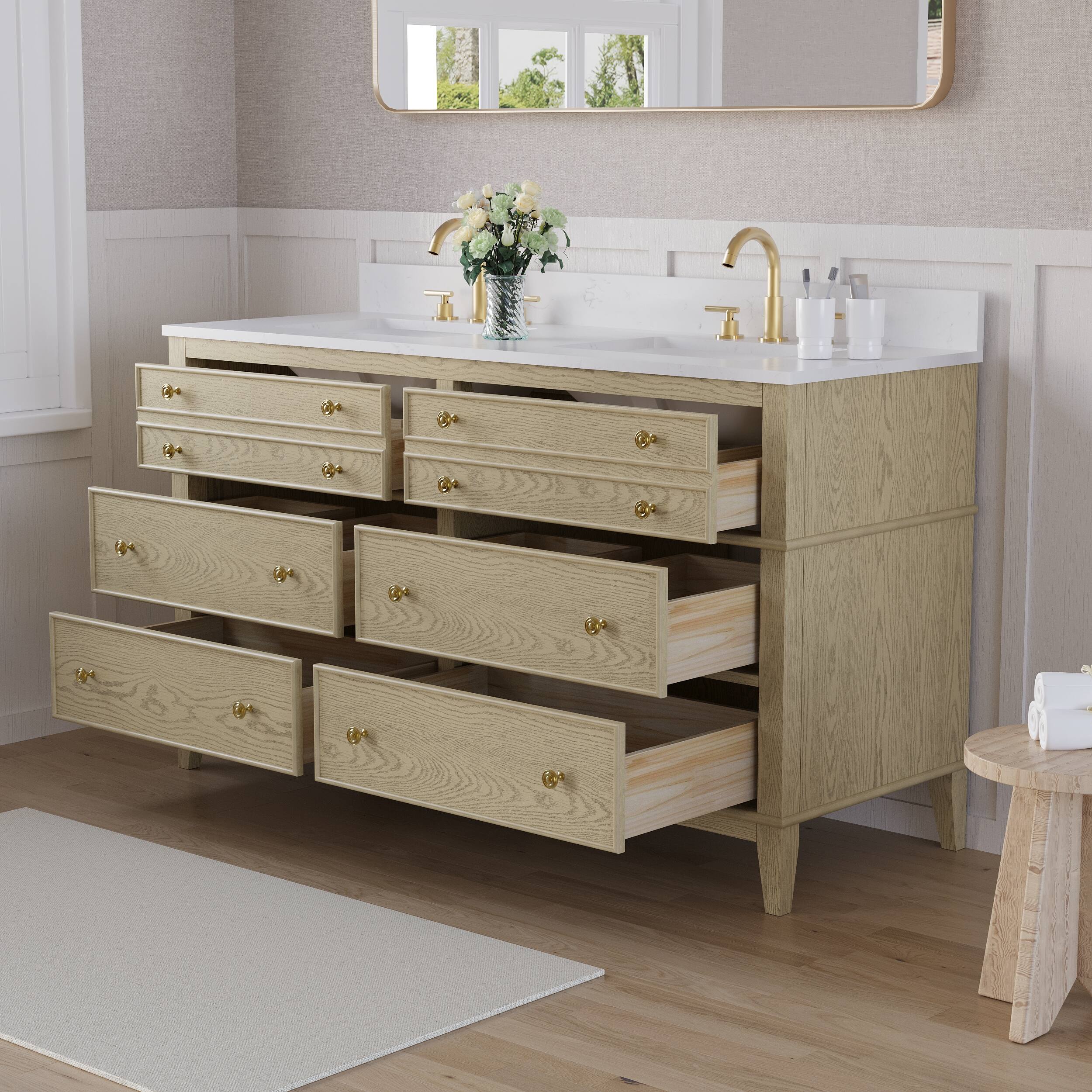 Alt View 1. WELLFOR - MEGAN 60 in. Freestanding Solid Wood Bath Vanity with Quartz Top, Double Sink, Soft Close, Assembled - OAK.