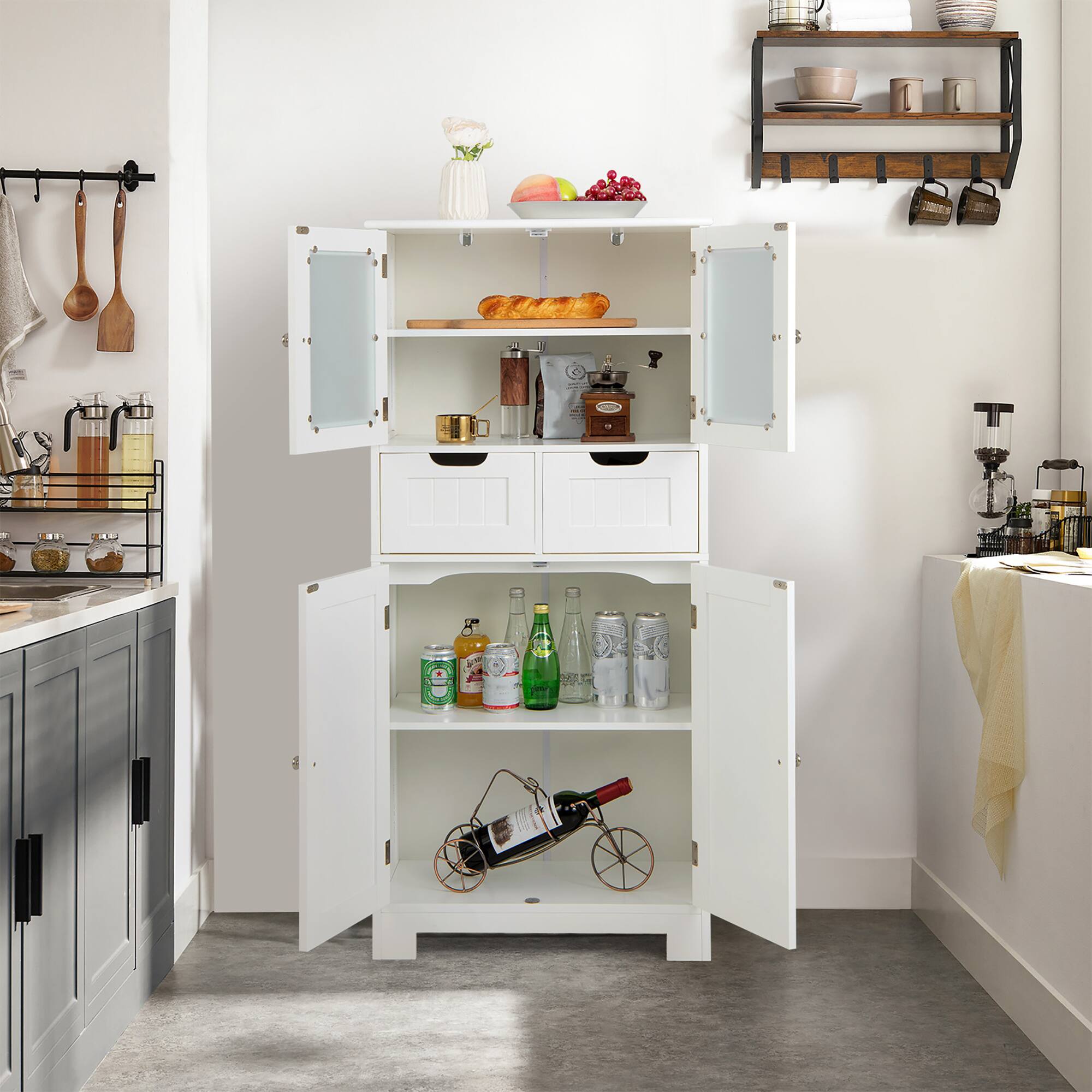 Alt View 5. Costway - Costway Bathroom Floor Storage Cabinet Kitchen Cupboard with 2 Drawers & Glass Doors - White.