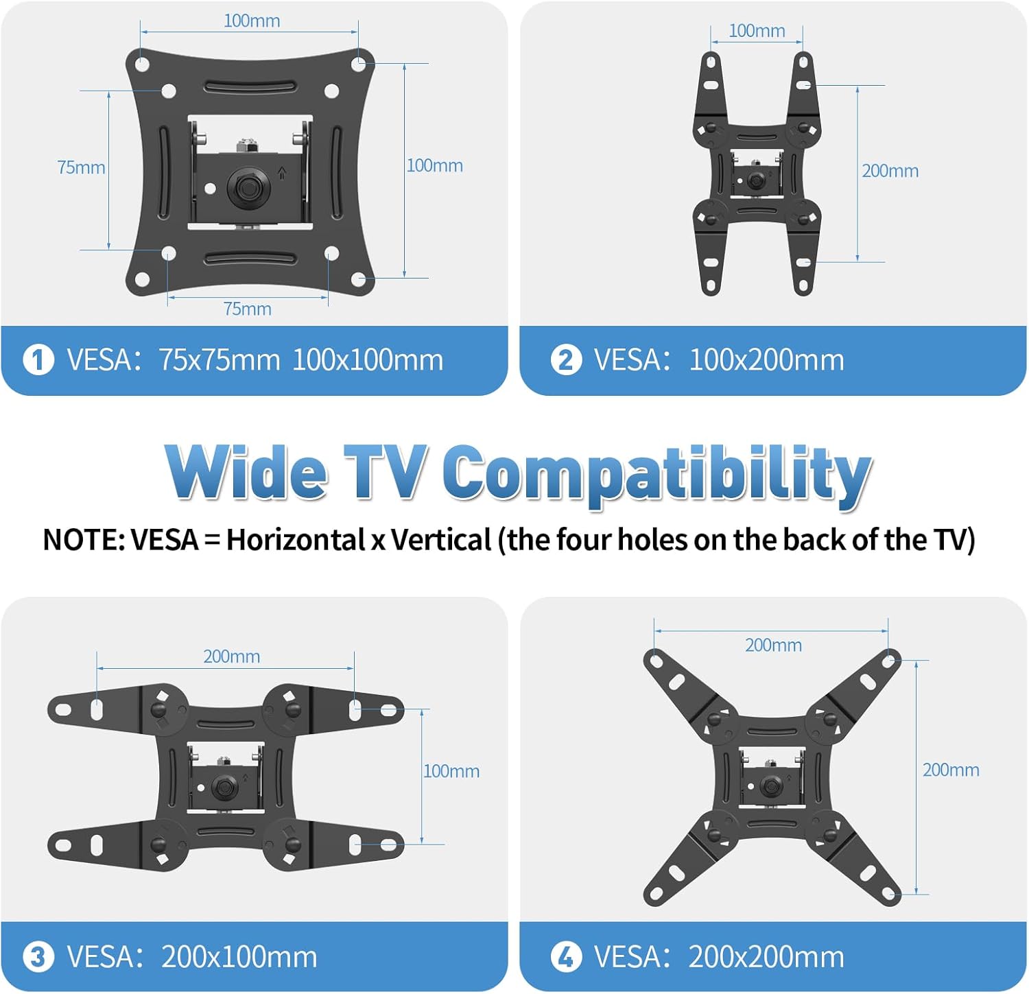 1. VESA: 75x75mm 100x100mm  
2. VESA: 100x200mm  
3. VESA: 200x100mm  
4. VESA: 200x200mm  

Wide TV Compatibility  

NOTE: VESA = Horizontal x Vertical (the four holes on the back of the TV)