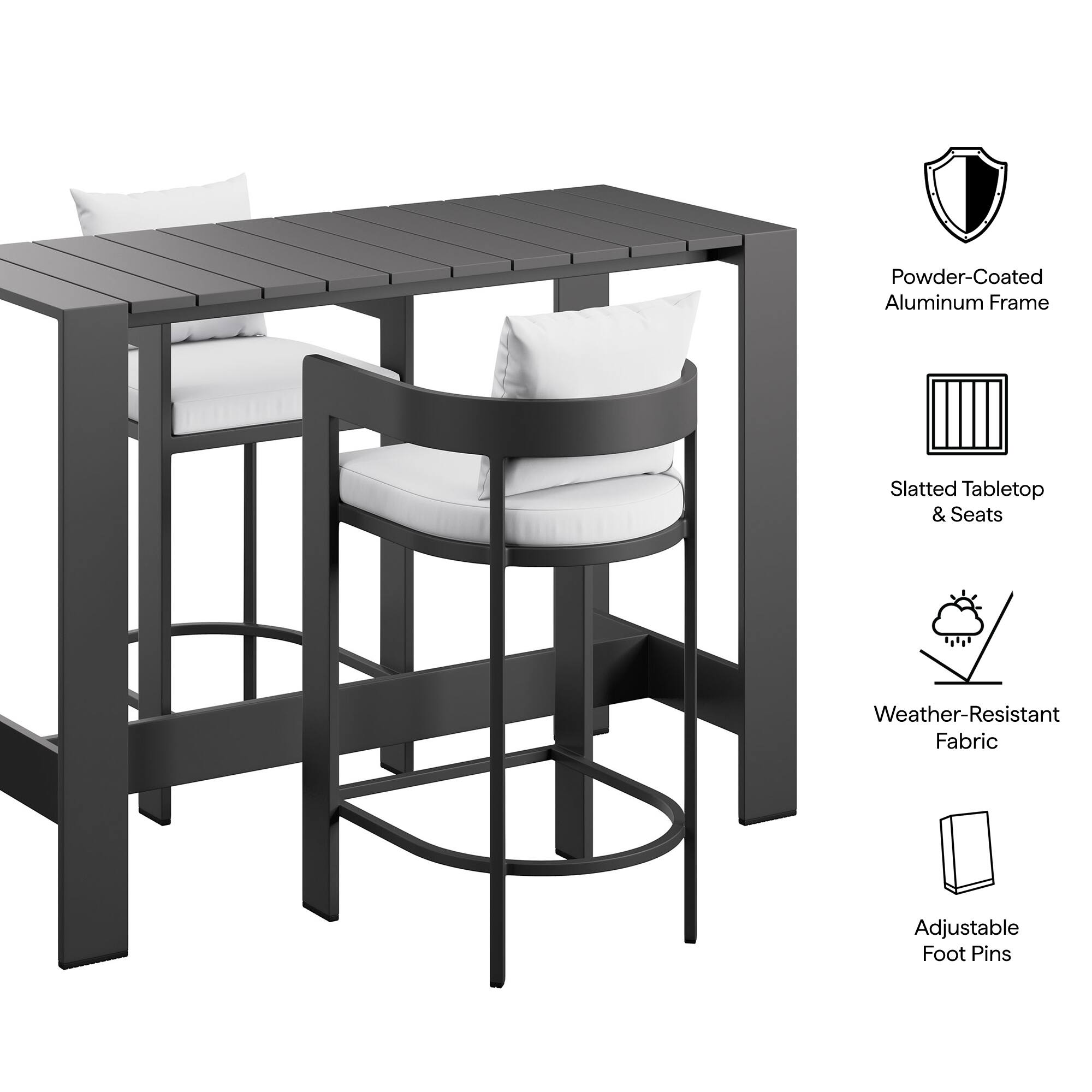 Powder-Coated Aluminum Frame  
Slatted Tabletop & Seats  
Weather-Resistant Fabric  
Adjustable Foot Pins