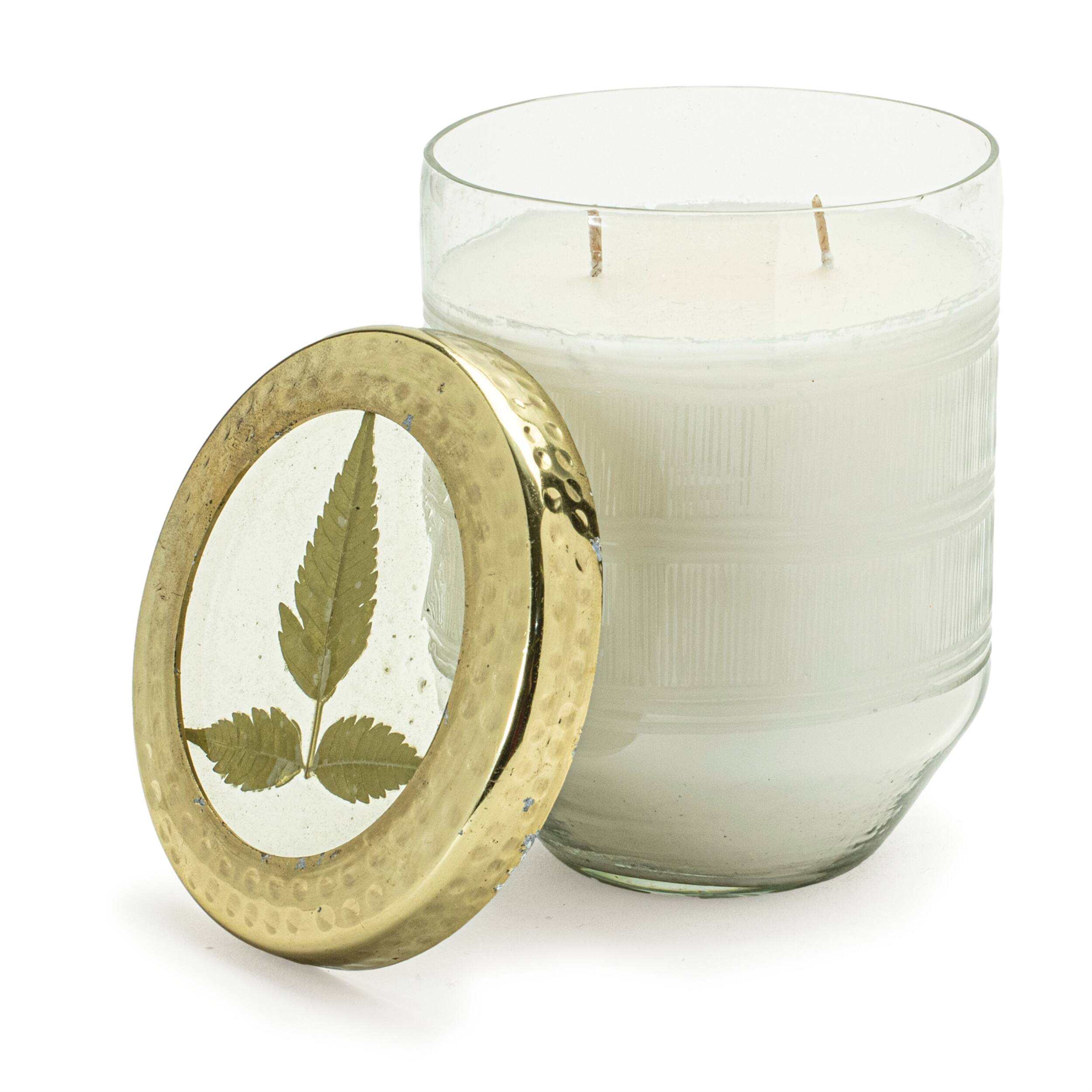 Left. BreeBe - Whit Currant Scented Soy Candle with Pressed Floral Lid 5"D - White, Gold.