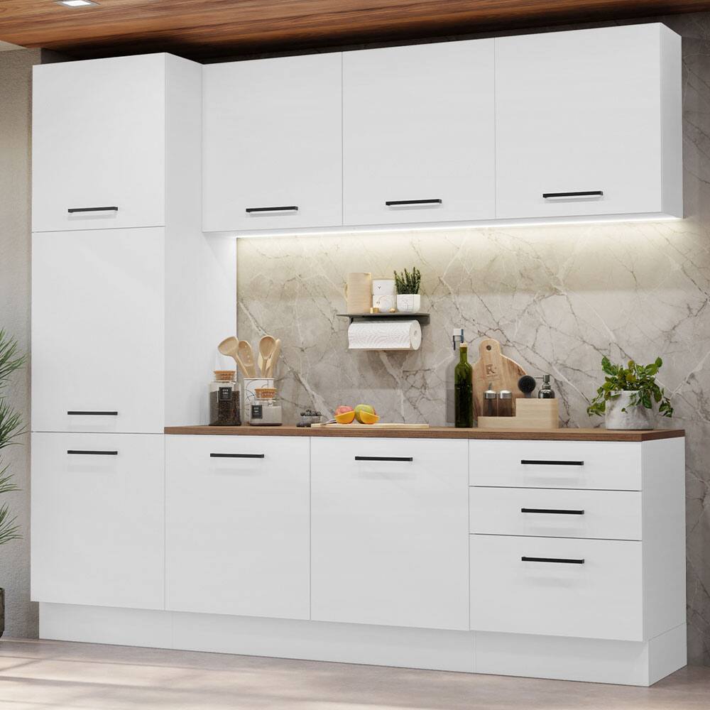 Angle. Madesa - Madesa Hazel Kitchen Set 94"L Pantry Storage 3 Drawers 2 Wall Cupboard 2 Base Cabinet - White - White.