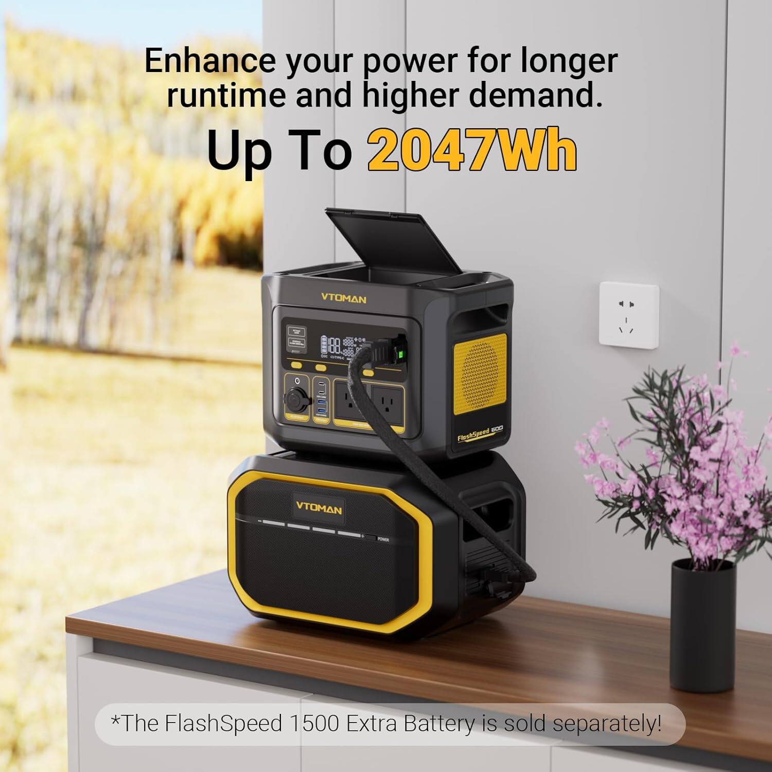 Enhance your power for longer runtime and higher demand.  
Up To 2047Wh  

*The FlashSpeed 1500 Extra Battery is sold separately!