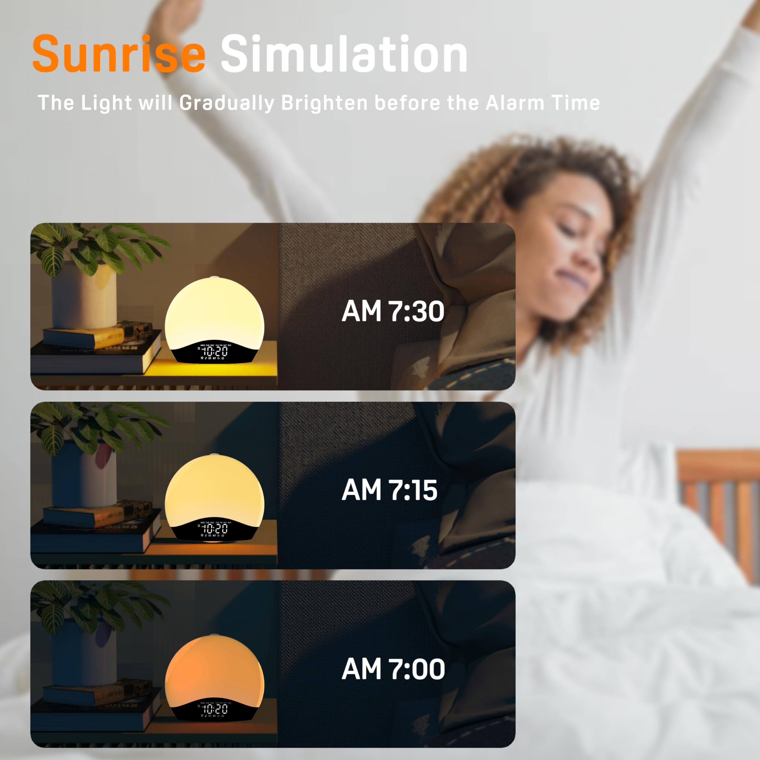 Sunrise Simulation  
The Light will Gradually Brighten before the Alarm Time  

AM 7:30  
AM 7:15  
AM 7:00