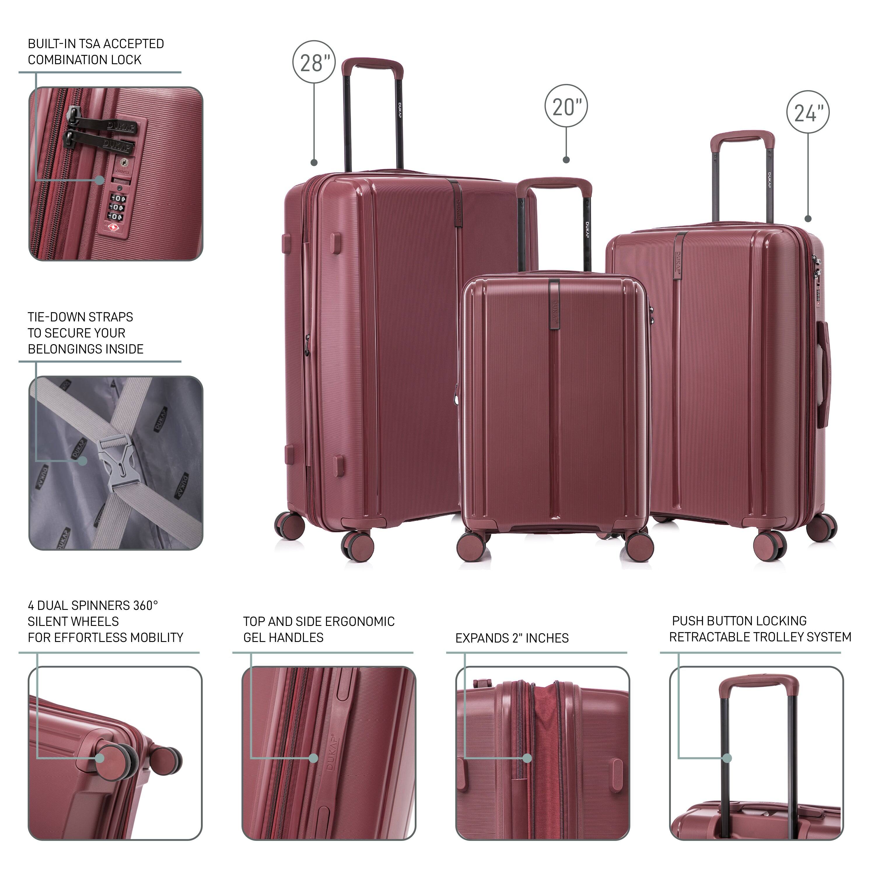 - BUILT-IN TSA ACCEPTED COMBINATION LOCK
- TIE-DOWN STRAPS TO SECURE YOUR BELONGINGS INSIDE
- 4 DUAL SPINNERS 360° SILENT WHEELS FOR EFFORTLESS MOBILITY
- TOP AND SIDE ERGONOMIC GEL HANDLES
- EXPANDS 2" INCHES
- PUSH BUTTON LOCKING RETRACTABLE TROLLEY SYSTEM
- 28"
- 20"
- 24"