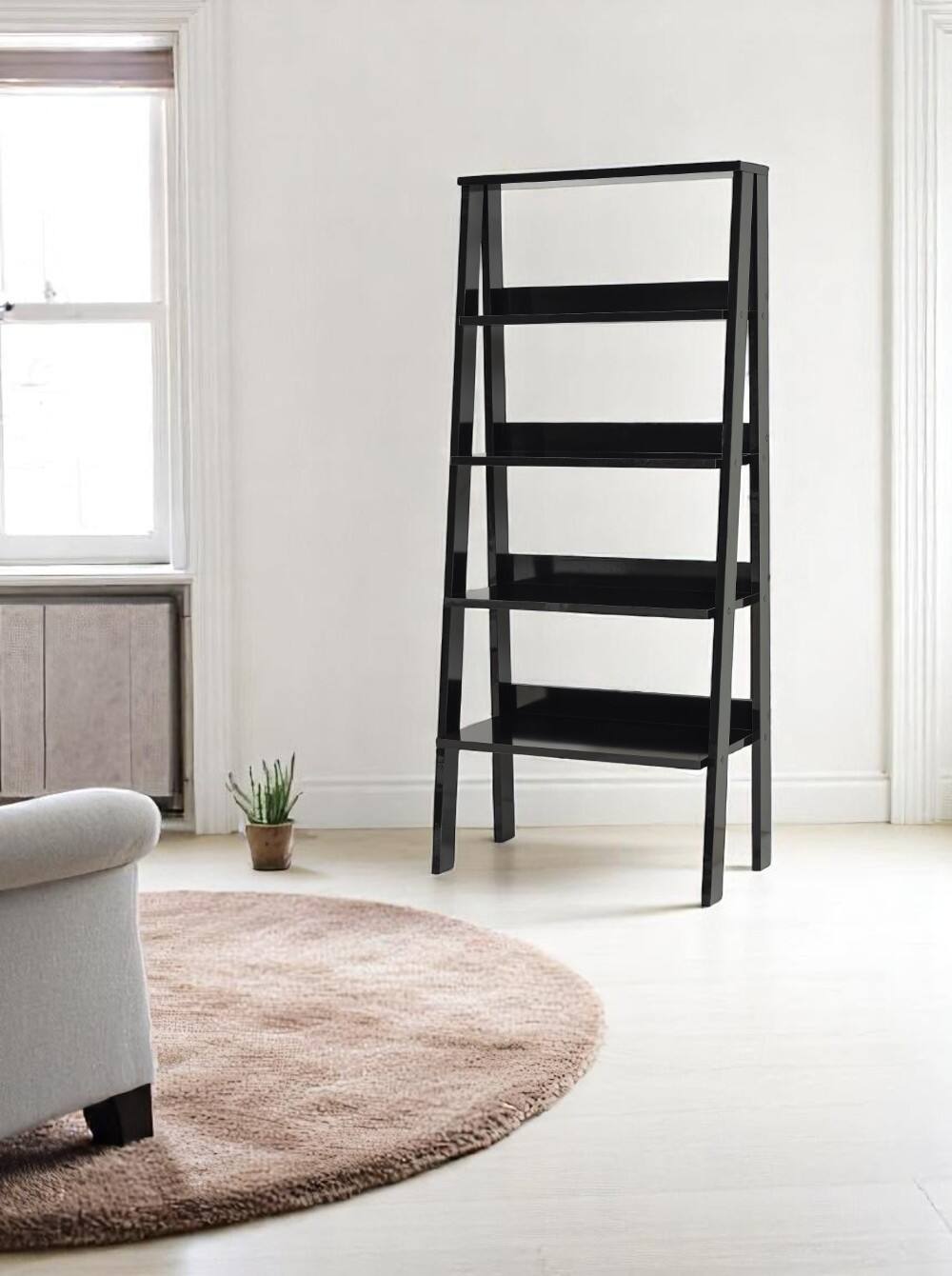 Left. TinyHomie - Furnish Home Store Otavio 5 Tier Modern Ladder Bookshelf Organizers Wood Frame Bookshelf - Black.