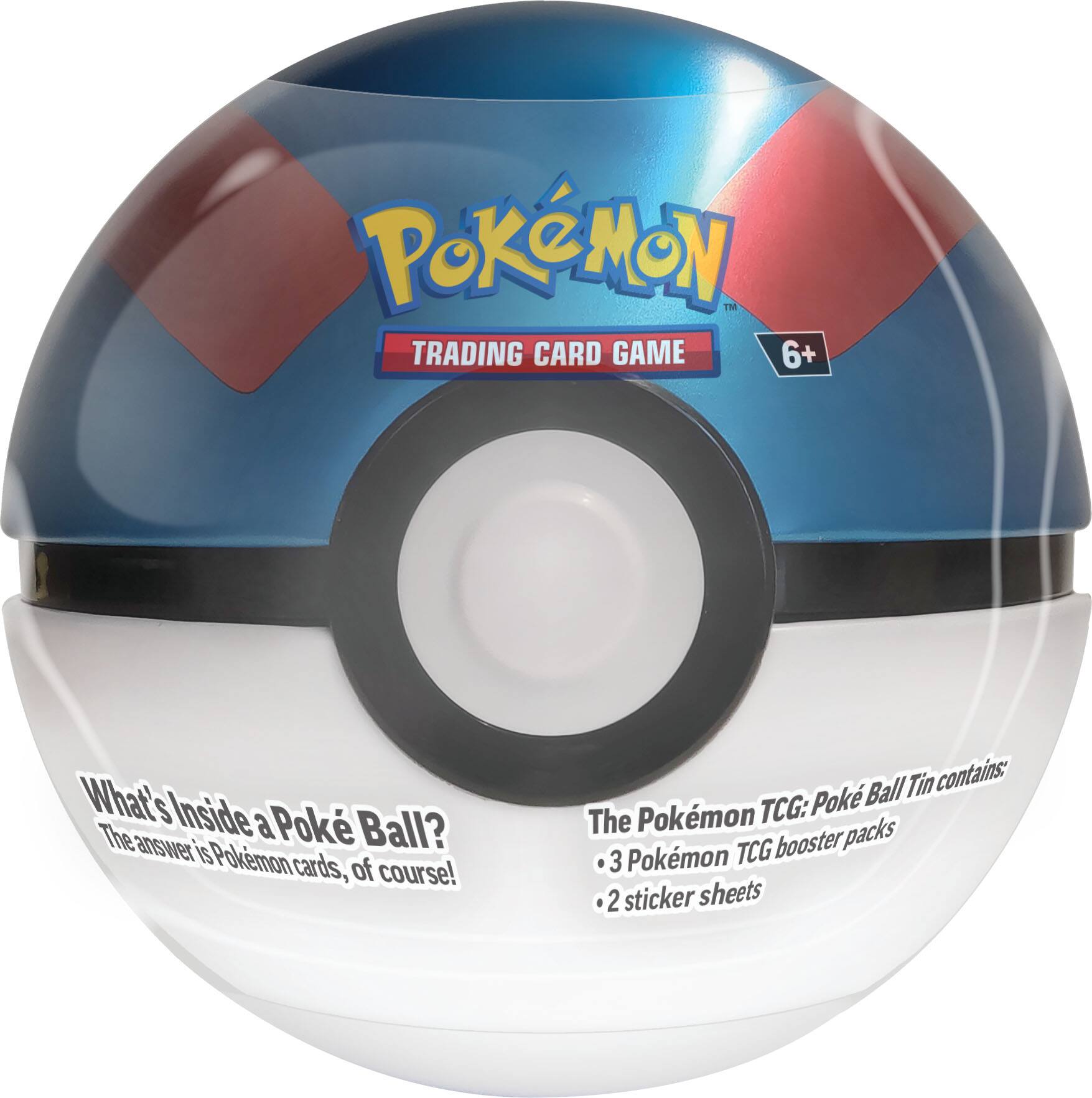 Pokémon  
TRADING CARD GAME  
6+  

What's Inside a Poké Ball?  
The answer is Pokémon cards, of course!  

The Pokémon TCG: Poké Ball Tin contains:  
- 3 Pokémon TCG booster packs  
- 2 sticker sheets