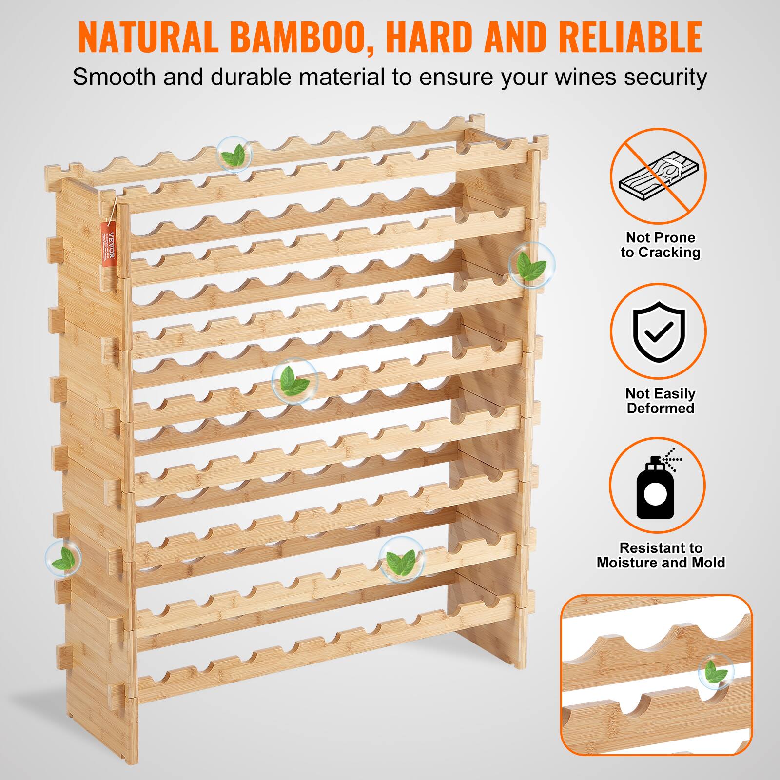 NATURAL BAMBOO, HARD AND RELIABLE  
Smooth and durable material to ensure your wines security  

- Not Prone to Cracking  
- Not Easily Deformed  
- Resistant to Moisture and Mold