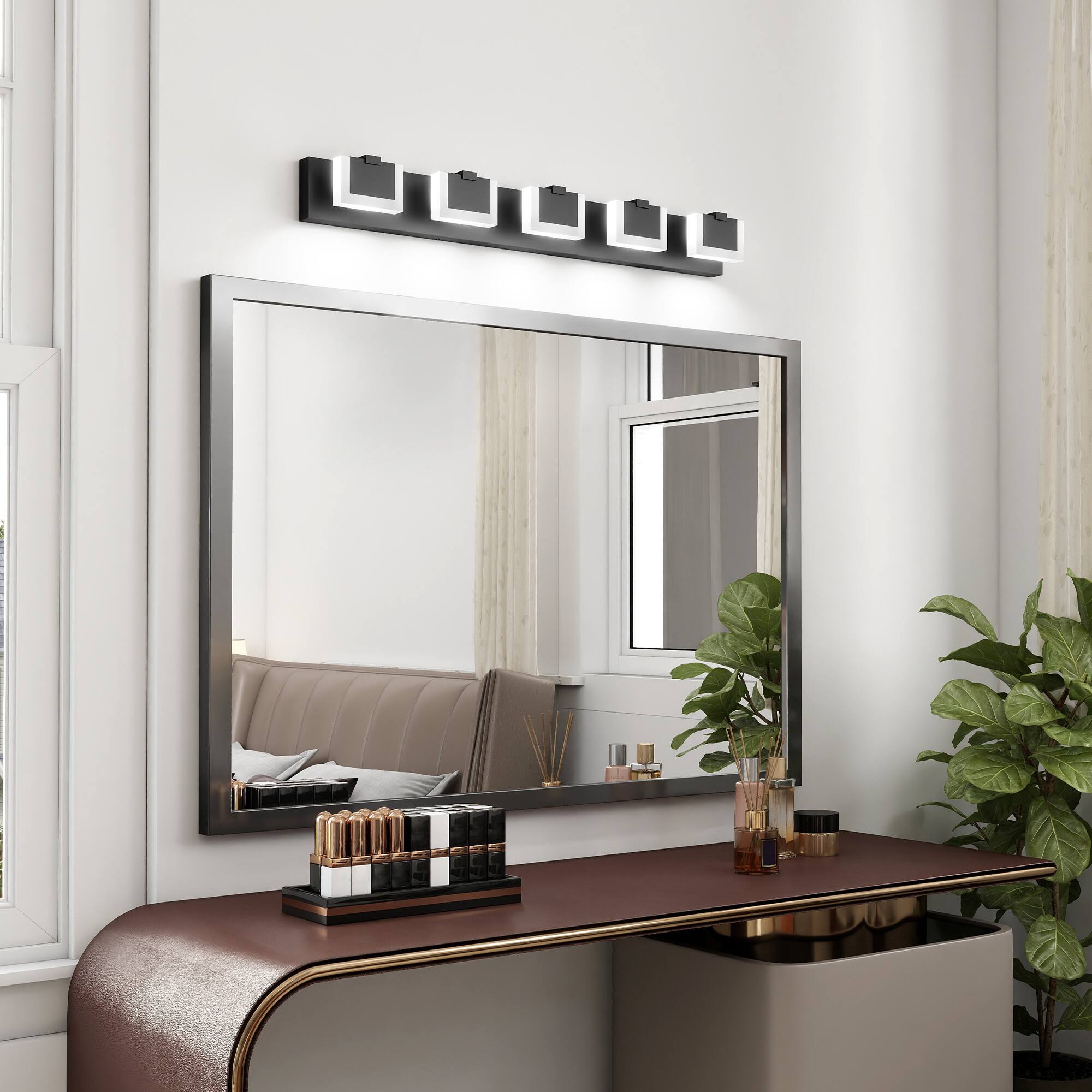 Back. HOMLUX - 37.8 in. 5 Lights Black LED Vanity Light Bar Vanity Accent Lighting Fixtures and Metal Wall Sconces with Acrylic Shade.