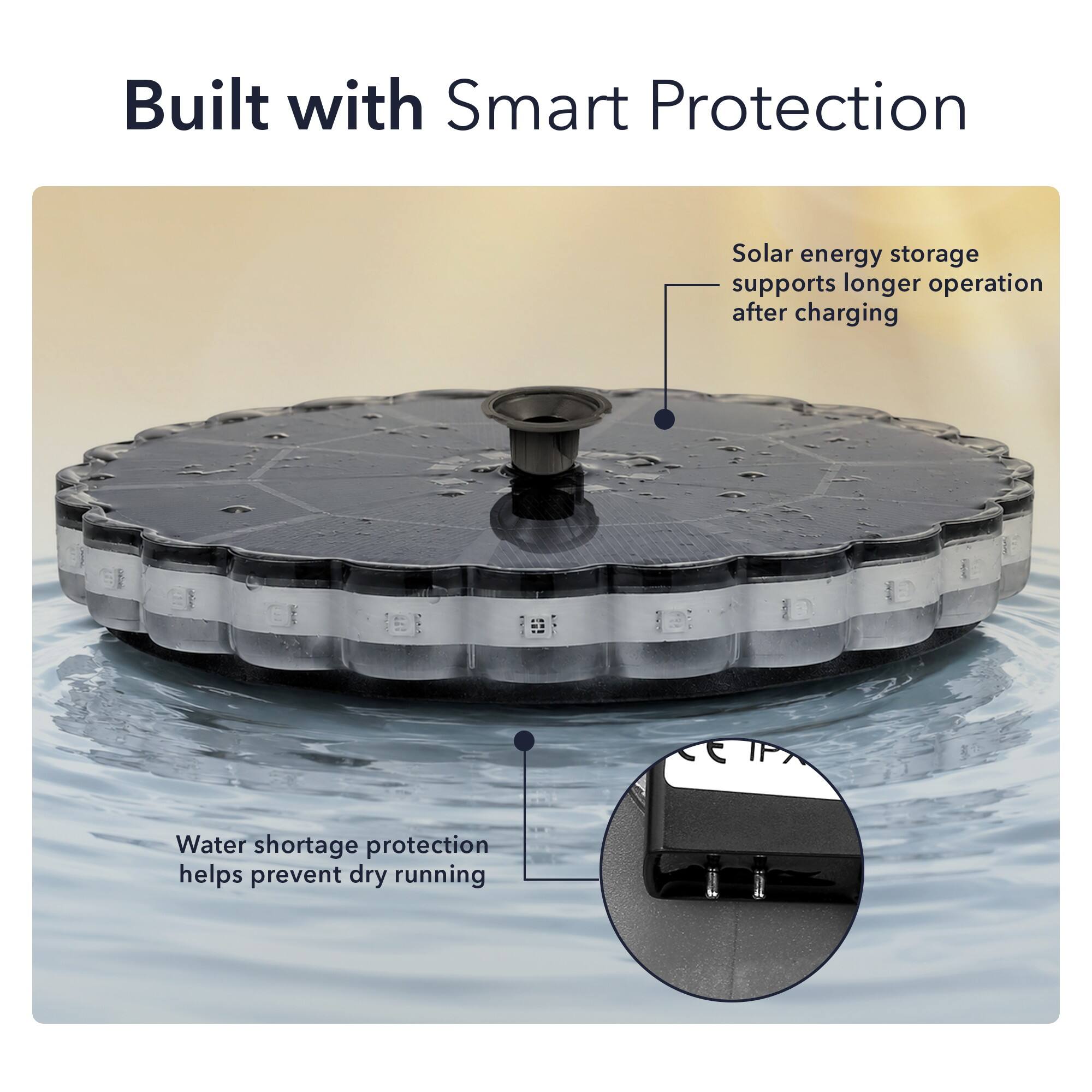 Built with Smart Protection

Solar energy storage supports longer operation after charging

Water shortage protection helps prevent dry running