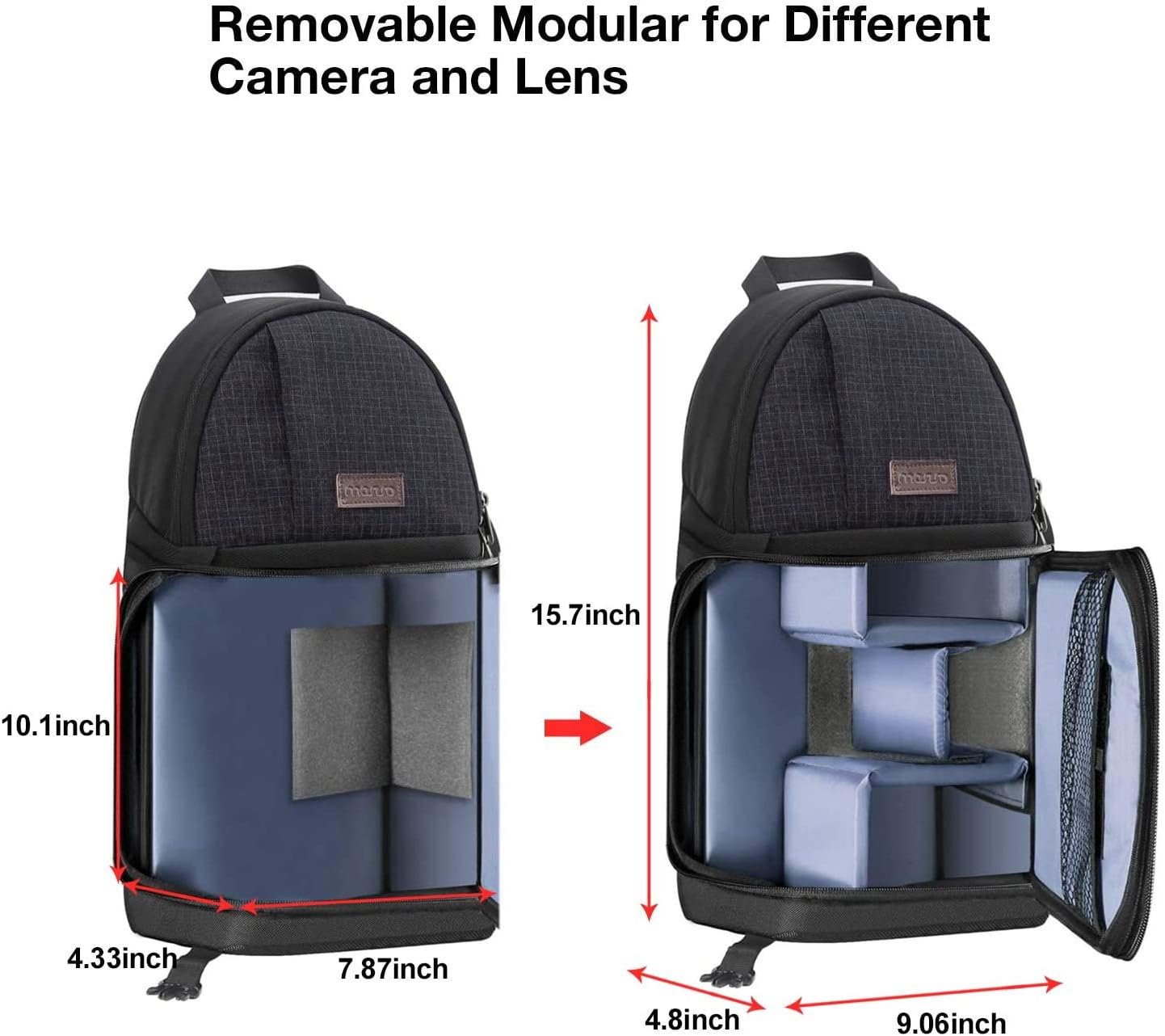 Removable Modular for Different Camera and Lens  
15.7inch  
10.1inch  
4.33inch  
7.87inch  
4.8inch  
9.06inch