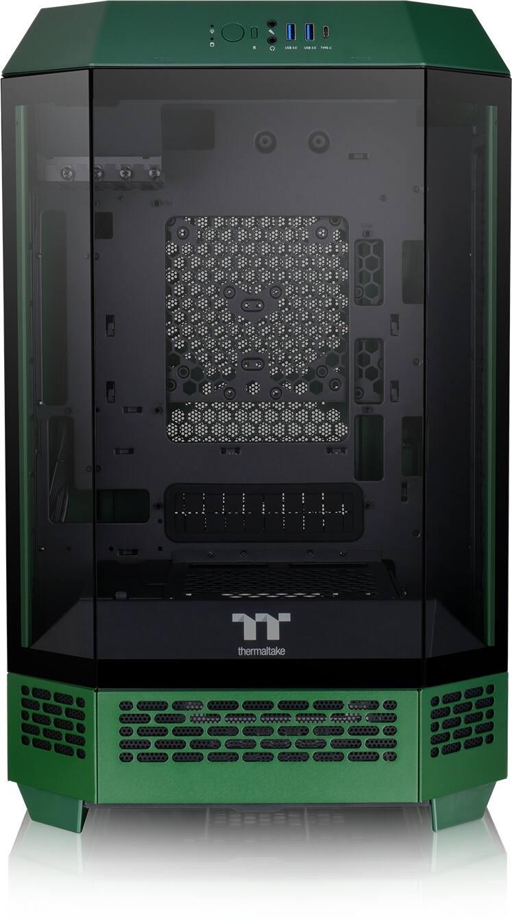 The image features a green computer tower, specifically a Thermaltake 1800 case. The case has a large window, allowing a clear view of the internal components. The case is designed to hold a motherboard, which is the central component of a computer system. The motherboard is placed inside the case, and the case provides protection and a cooling system for the components. The green color of the case adds a unique and visually appealing touch to the computer system.