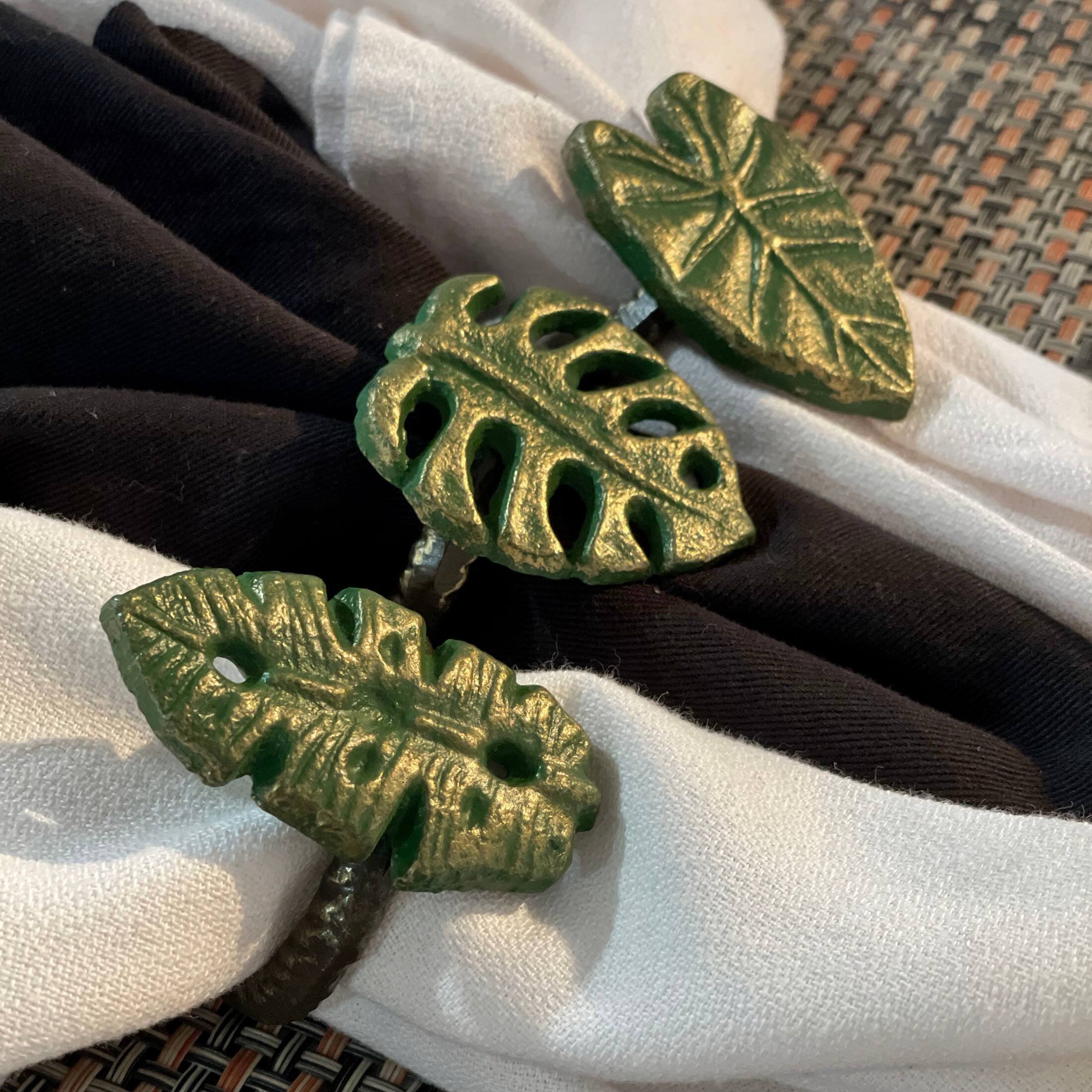 Alt View 4. Zeckos - Set of 6 Green Bronze Cast Iron Tropical Leaf Napkin Rings Dining Decor - Green.