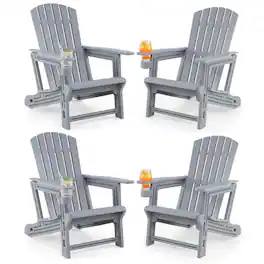 Costway - HDPE Adirondack Chair Set of 4 with Cup Holder, Wood-Like Texture, High Backrest - Gray