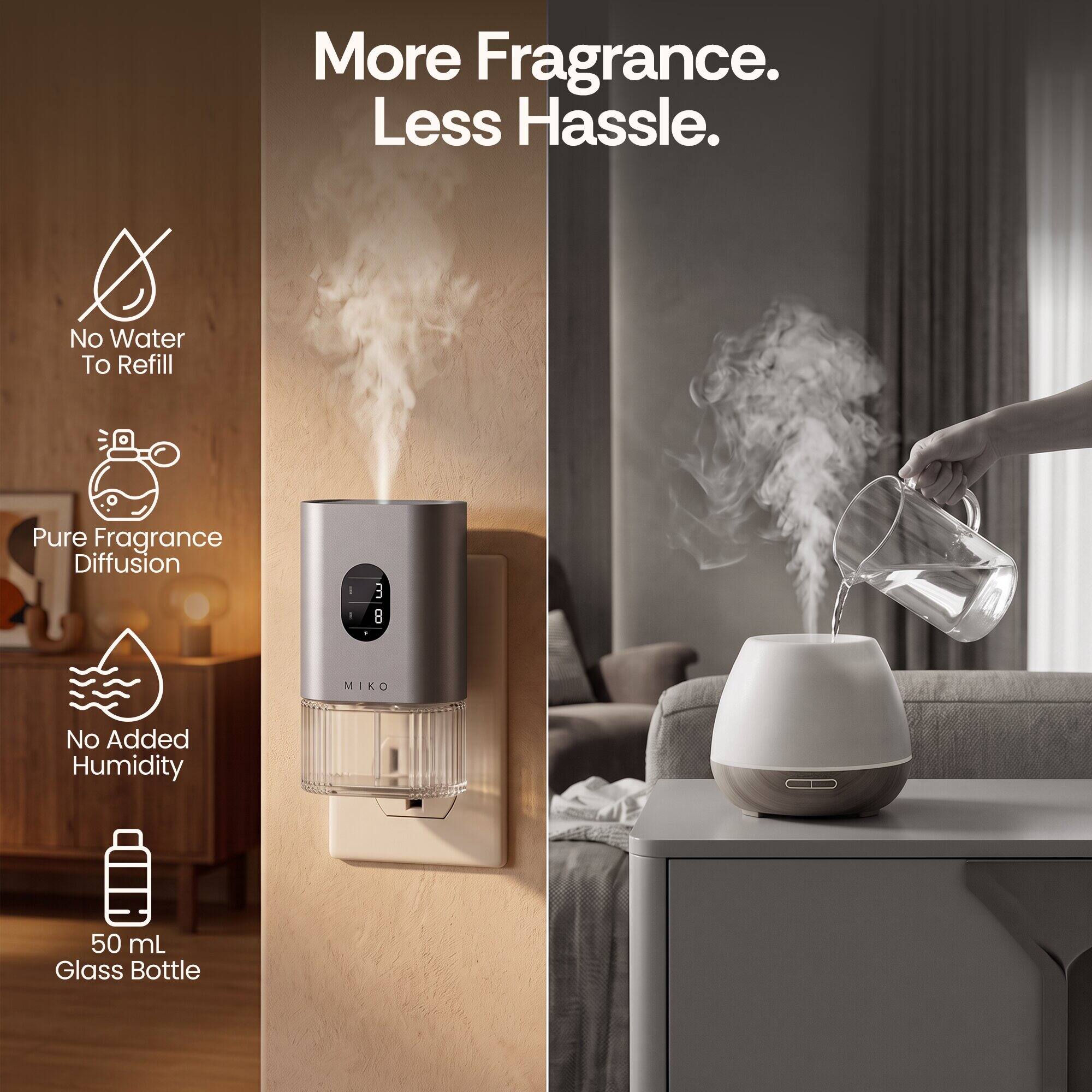 More Fragrance. Less Hassle.  
No Water To Refill  
Pure Fragrance Diffusion  
No Added Humidity  
3 B MIKO - 50 mL Glass Bottle