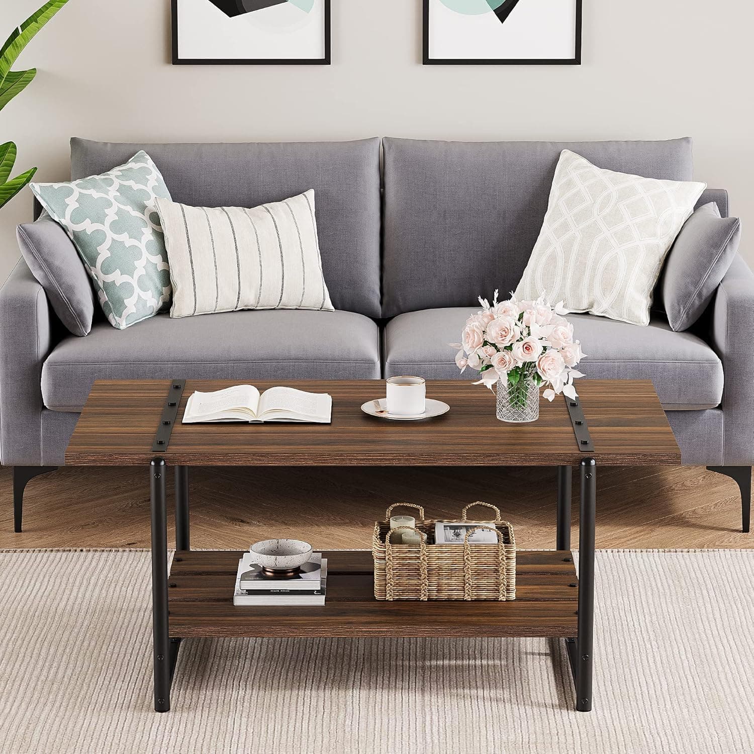 Acekool - Rustic Farmhouse Coffee Table, 41" Modern Minimalist Wood and Metal Living Room Table, 2 Tie Rectangle Center Table - Brown