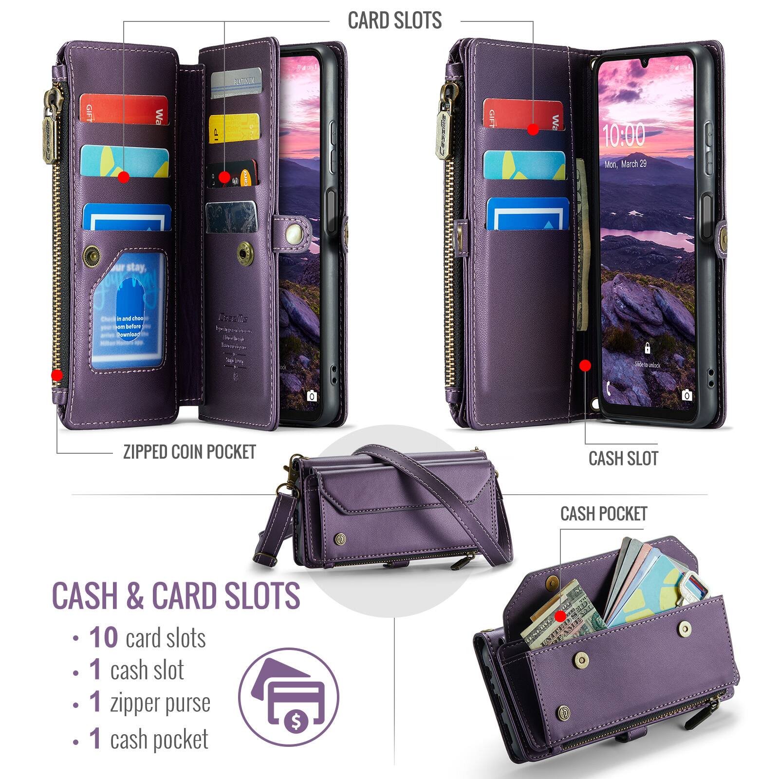 CARD SLOTS

ZIPPED COIN POCKET

CASH & CARD SLOTS
- 10 card slots
- 1 cash slot
- 1 zipper purse
- 1 cash pocket

CASH SLOT

CASH POCKET