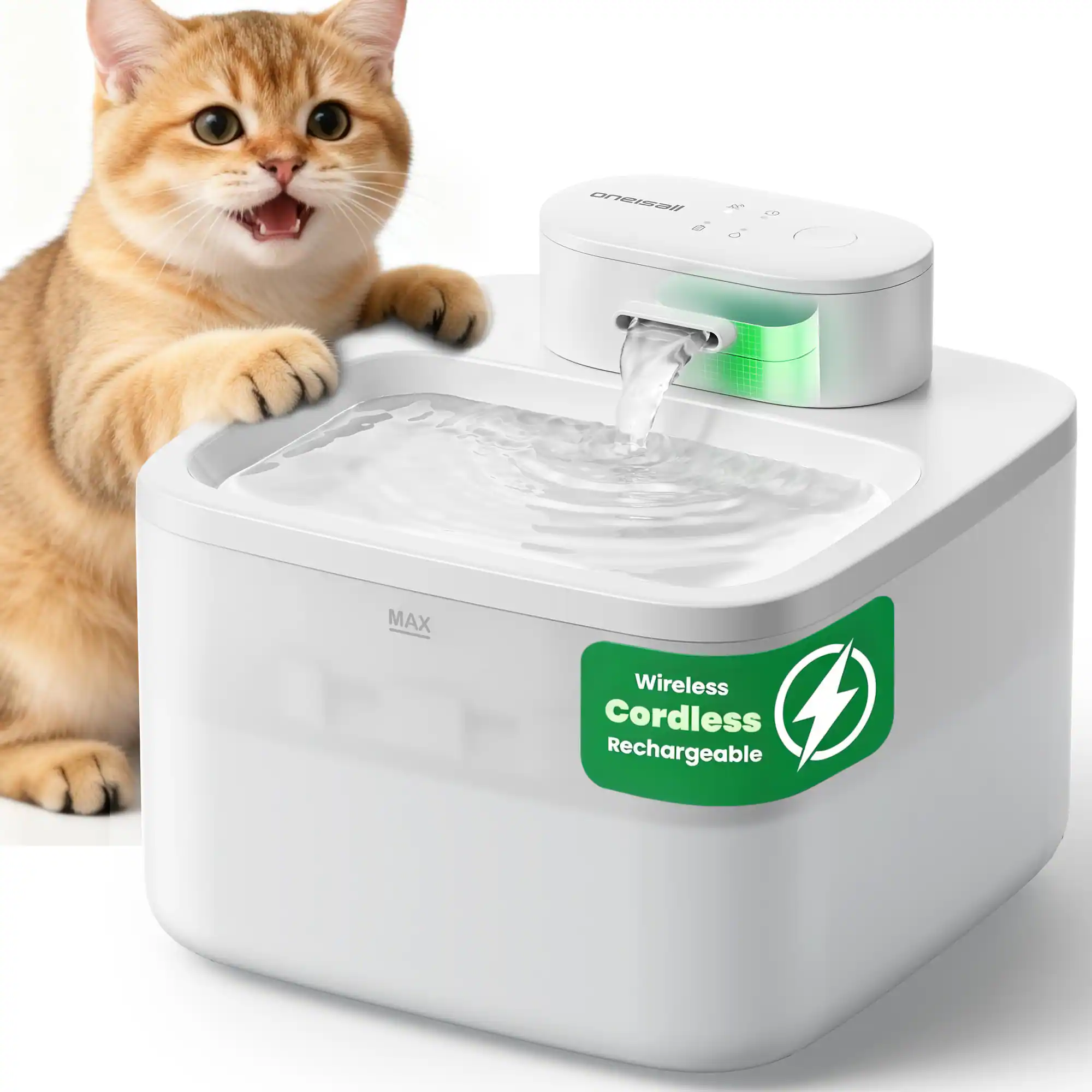 Oneisall 2.2L/74oz Wireless Cat Water Fountain With Silent Pump 3 Flow ...