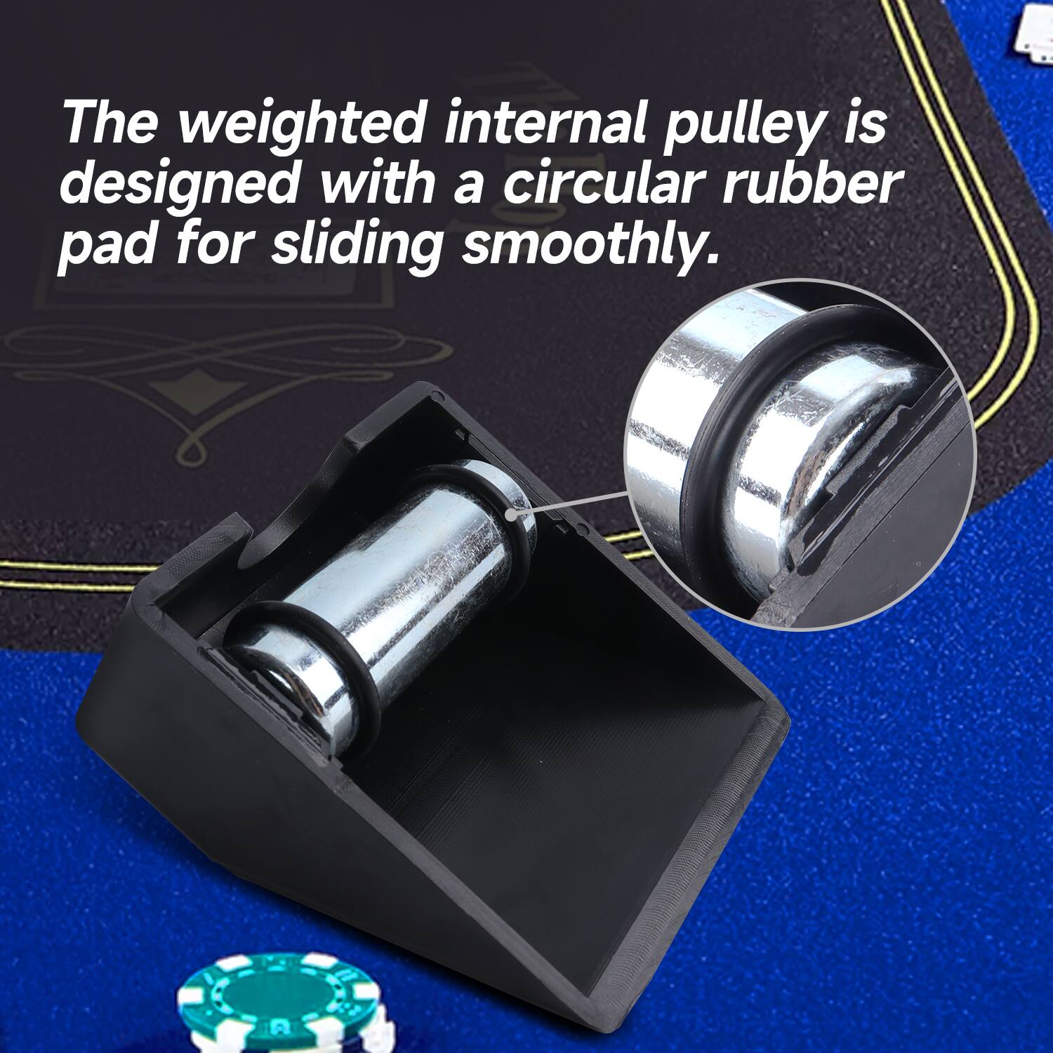 The weighted internal pulley is designed with a circular rubber pad for sliding smoothly.