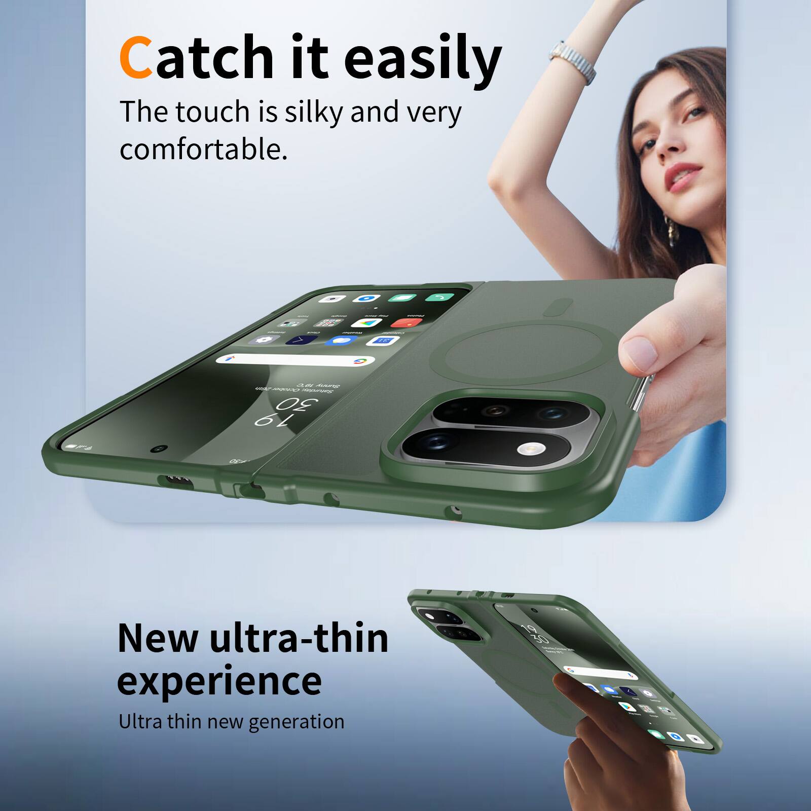Catch it easily  
The touch is silky and very comfortable.

EN

0.61 Sunny  
October Saturday, 30 19

New ultra-thin experience  
Ultra thin new generation
