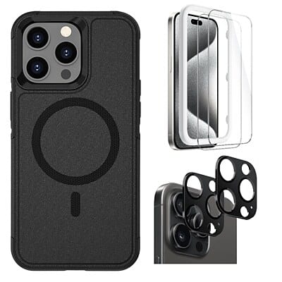 SaharaCase - Armor Series Hard Shell Case, Tempered Glass Screen, Camera Protector for iPhone 15 Pro Max - Black