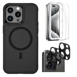SaharaCase - Armor Series Hard Shell Case, Tempered Glass Screen, Camera Protector for iPhone 15 Pro Max - Black