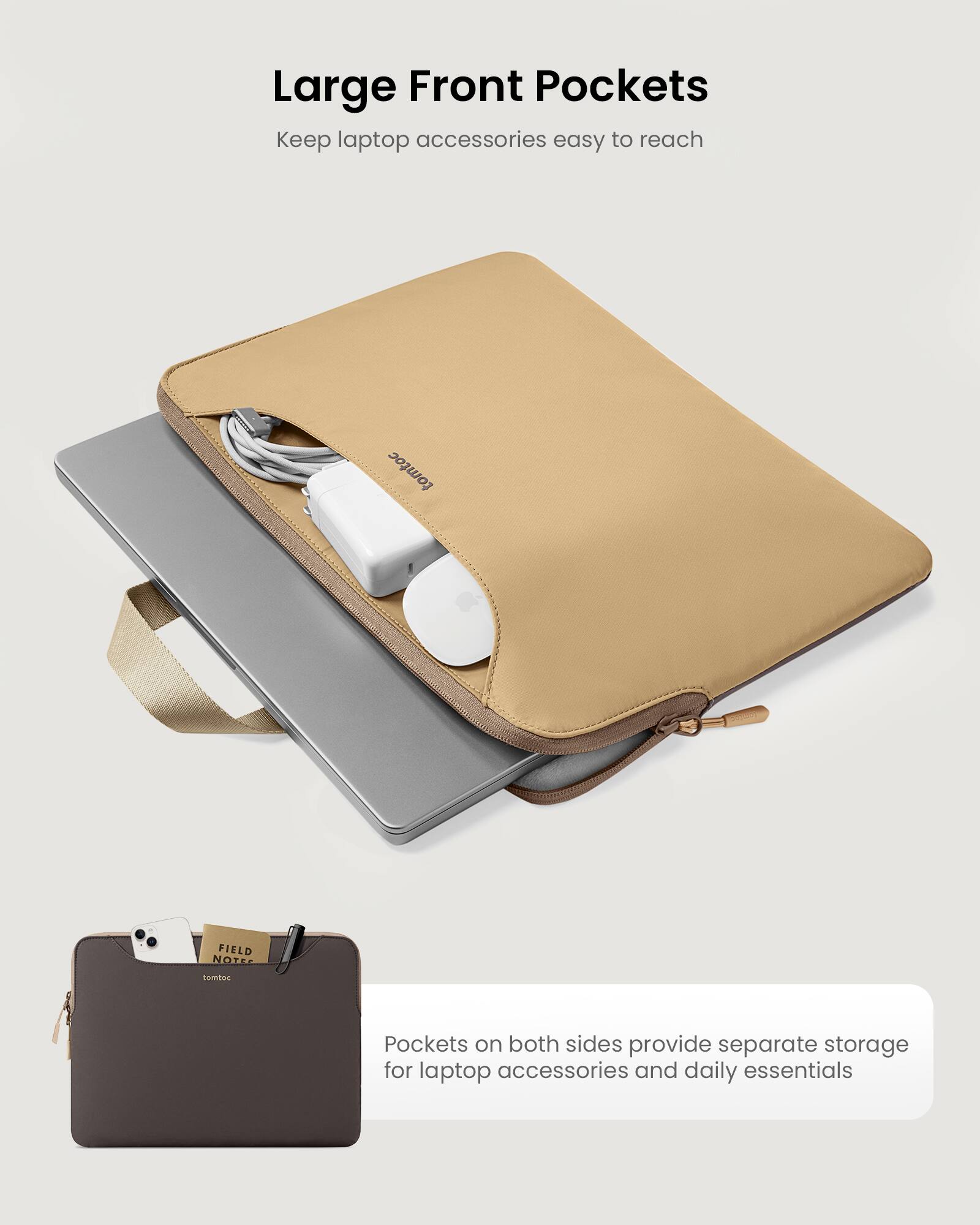 Large Front Pockets Keep Laptop Accessories Easy to Reach. Field Notes comboc Pockets on both sides provide separate storage for laptop accessories and daily essentials.