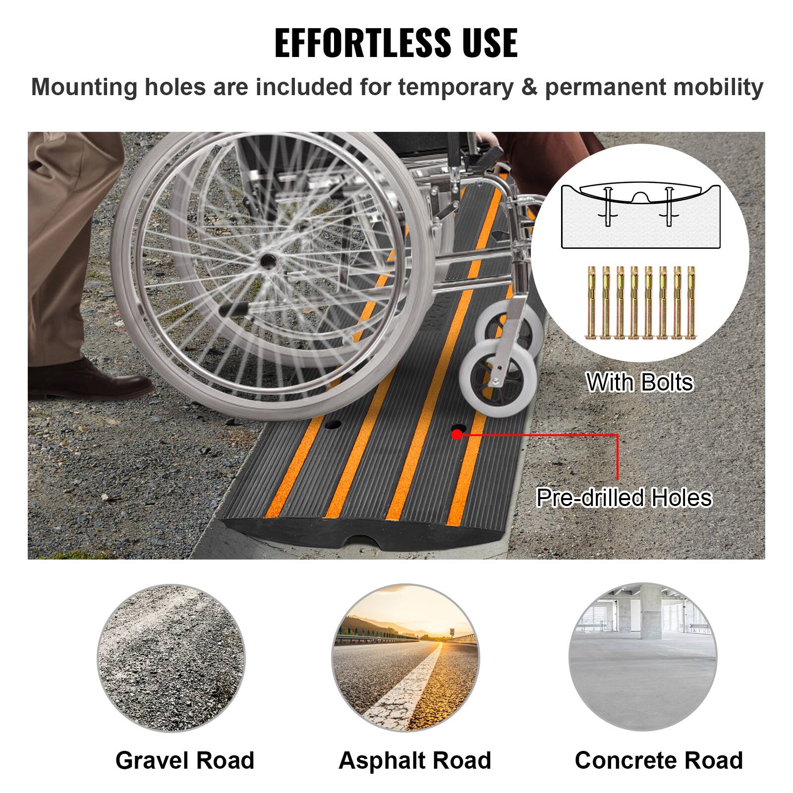 EFFORTLESS USE  
Mounting holes are included for temporary & permanent mobility  
With Bolts  
Pre-drilled Holes  
Gravel Road  
Asphalt Road  
Concrete Road