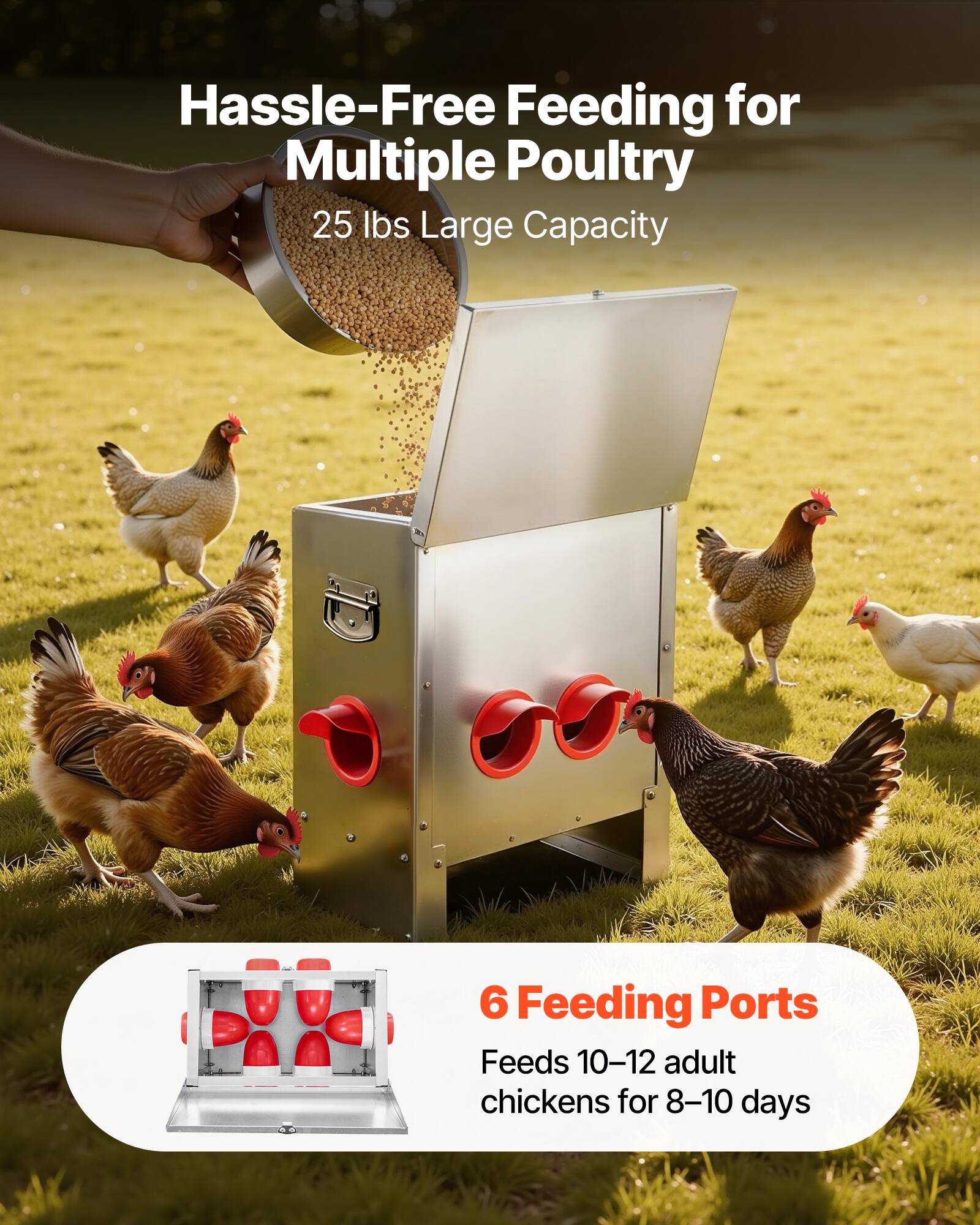 Hassle-Free Feeding for Multiple Poultry  
25 lbs Large Capacity  
6 Feeding Ports  
Feeds 10-12 adult chickens for 8-10 days