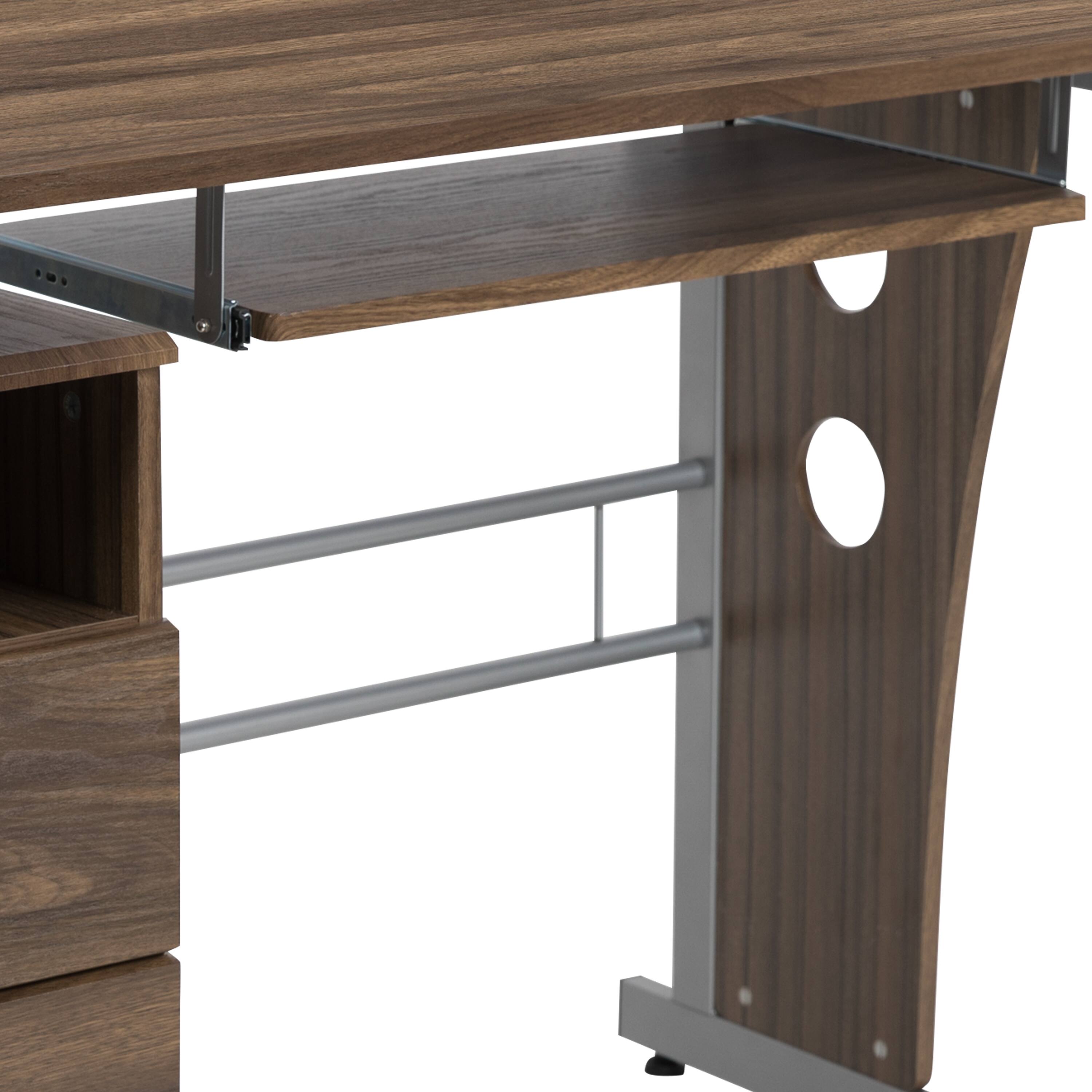 Alt View 9. Emma + Oliver - Desk with Three Drawer Single Pedestal and Pull-Out Keyboard Tray - Rustic Walnut.