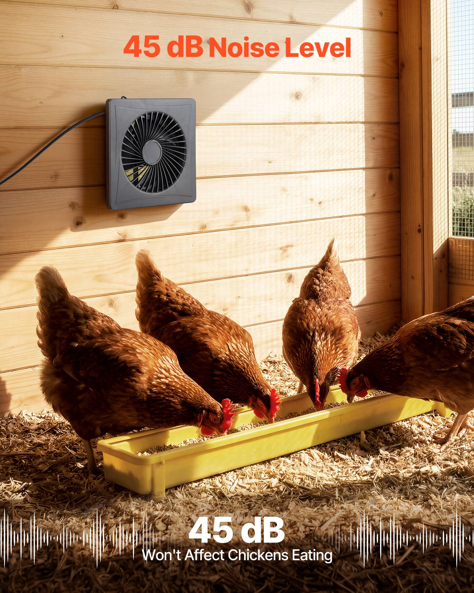 45 dB Noise Level  
45 dB Won't Affect Chickens Eating