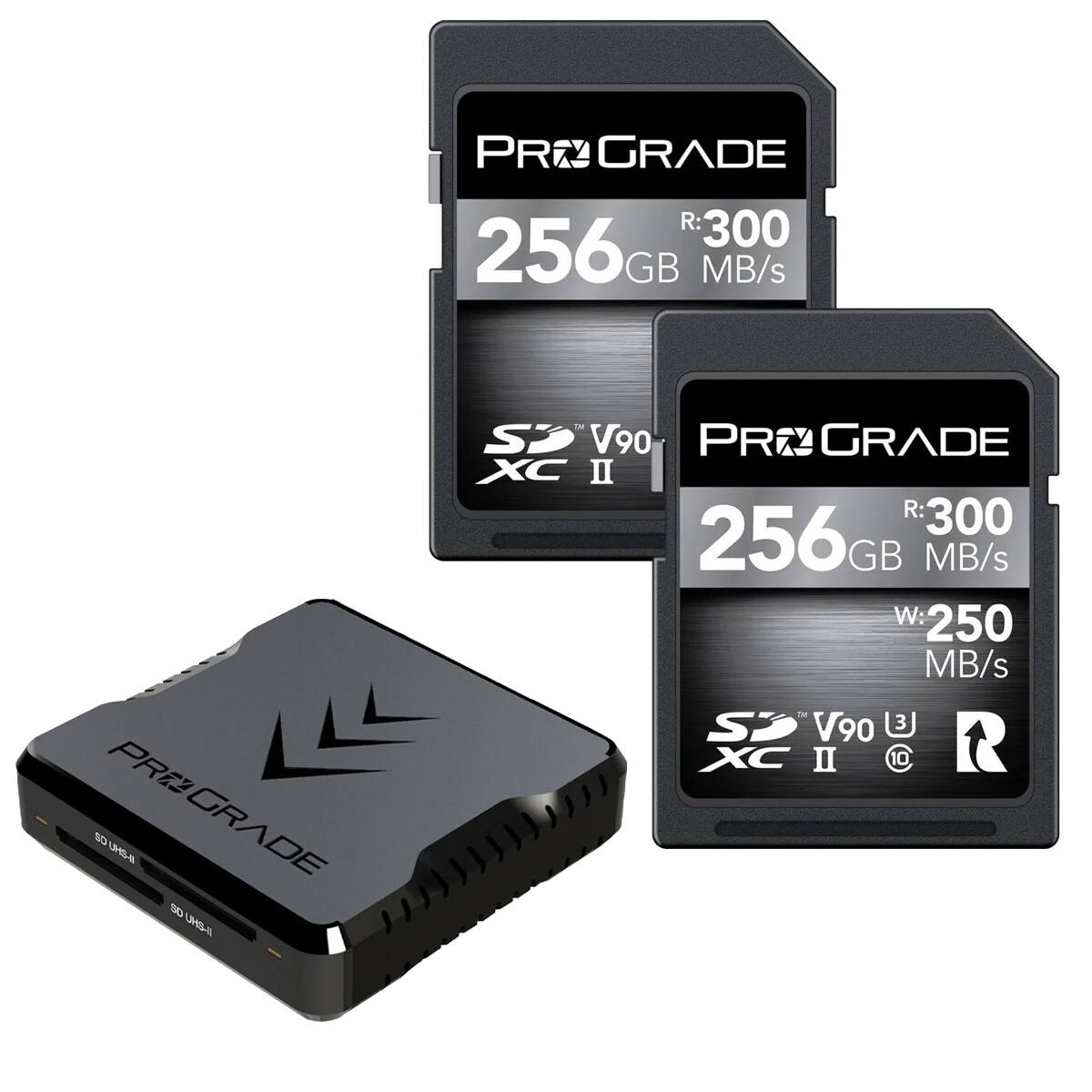 PROGRADE R: 300 256GB MB/s  
PR SO UHS-N GRADE SD UHS-N  
TM S V90 PROGRADE XC R300 R: 256GB MB/s W: 250 MB/s SZ V90 XC II