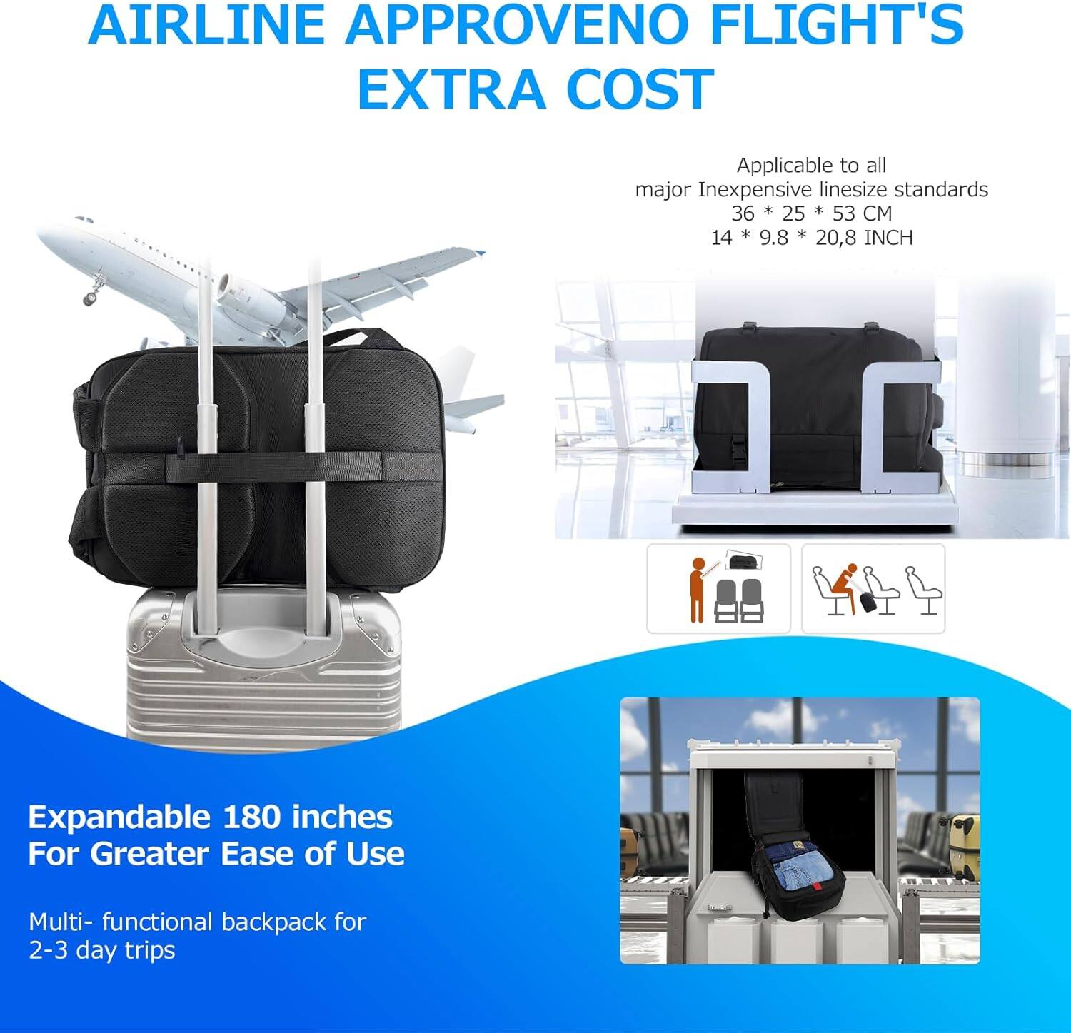 AIRLINE APPROVED NO FLIGHT'S EXTRA COST

Applicable to all major inexpensive linesize standards
36 * 25 * 53 CM
14 * 9.8 * 20.8 INCH

Expandable 180 inches
For Greater Ease of Use

Multi-functional backpack for 2-3 day trips