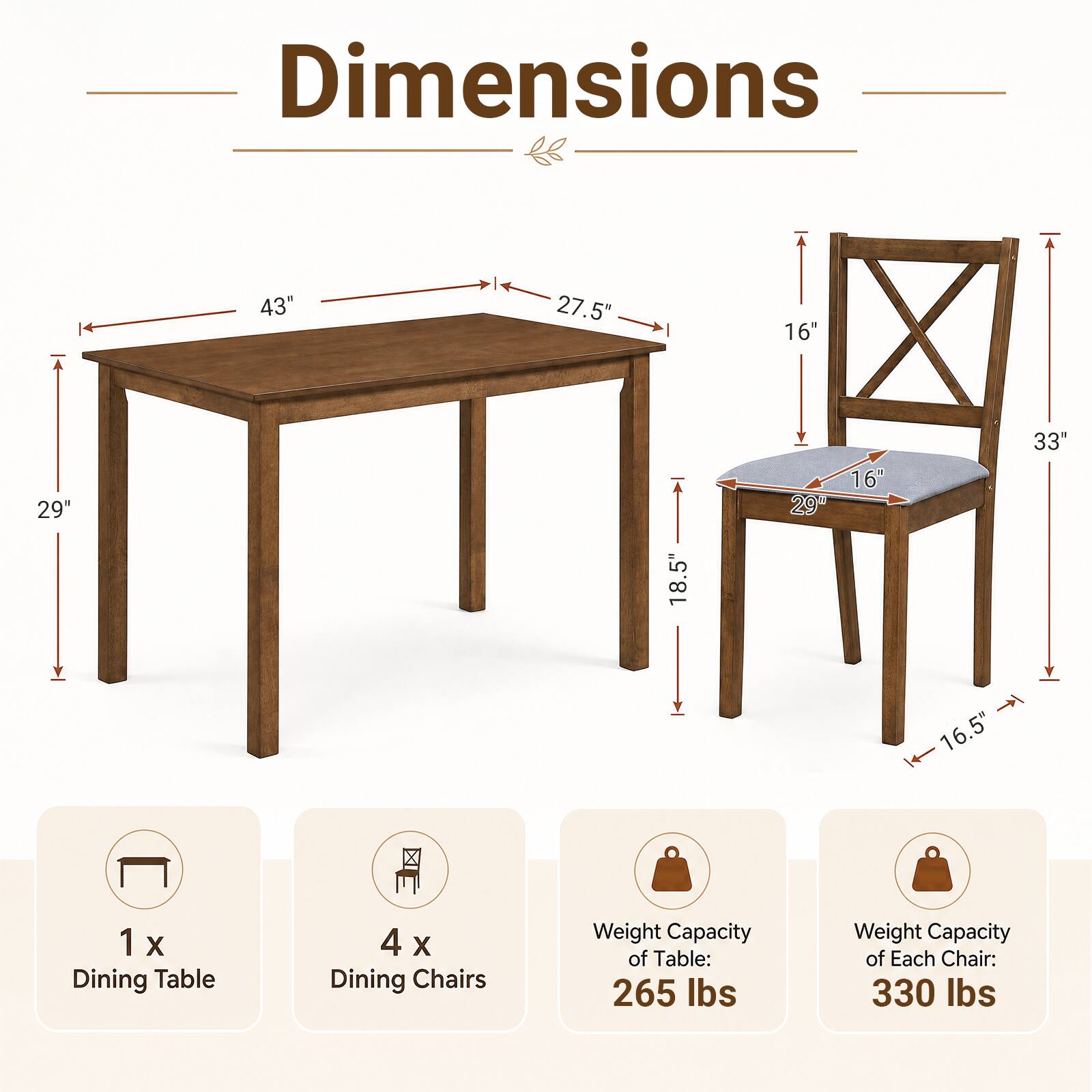Dimensions: 43" x 27.5" x 16"  
Table Height: 29"  
Chair Height: 33"  
Chair Seat Height: 16"  
Chair Width: 18.5"  
Chair Depth: 16.5"  

1 x Dining Table  
4 x Dining Chairs  

Weight Capacity of Table: 265 lbs  
Weight Capacity of Each Chair: 330 lbs
