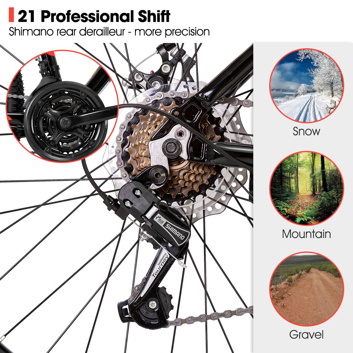 21 Professional Shift Shimano rear derailleur - more precision

Snow
Mountain
Gravel