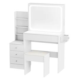 Ecooso - LED Vanity Desk with Power Outlet, 4 Drawers, Upholstered Stool, 3 Adjustable Lighting Modes - White