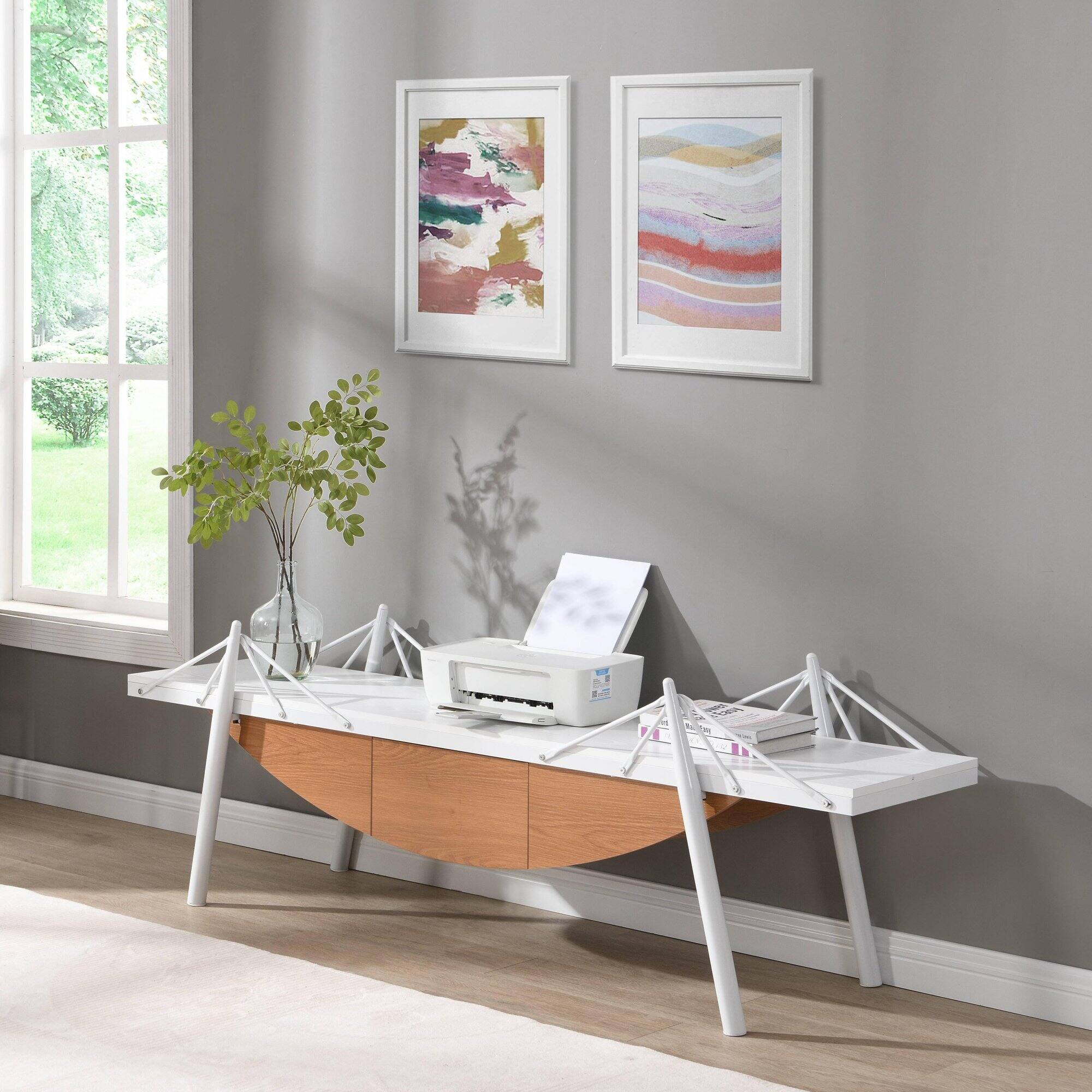 Angle. GOODSILO - Modern Sailboat-Inspired TV Stand with Drawer, Sturdy Metal Support and Storage Cabinet for Living Room and Office - White.