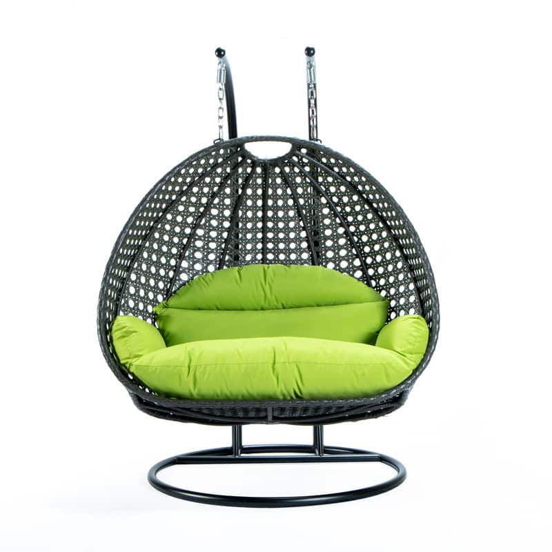 LeisureMod - Outdoor 2-Person Charcoal Wicker Egg Swing Chair with Steel Stand, Washable Cushions & Waterproof Cover - Light Green