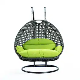 LeisureMod - Outdoor 2-Person Charcoal Wicker Egg Swing Chair with Steel Stand, Washable Cushions & Waterproof Cover - Light Green