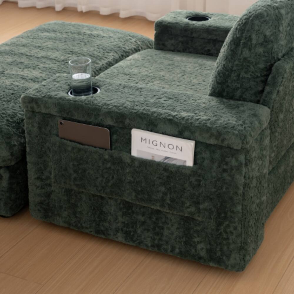 Alt View 5. LUCKY ONE - 42" Oversized Faux Rabbit Fur Single Sofa Armchair w/ Cup Holders Storage Ottoman - Green.