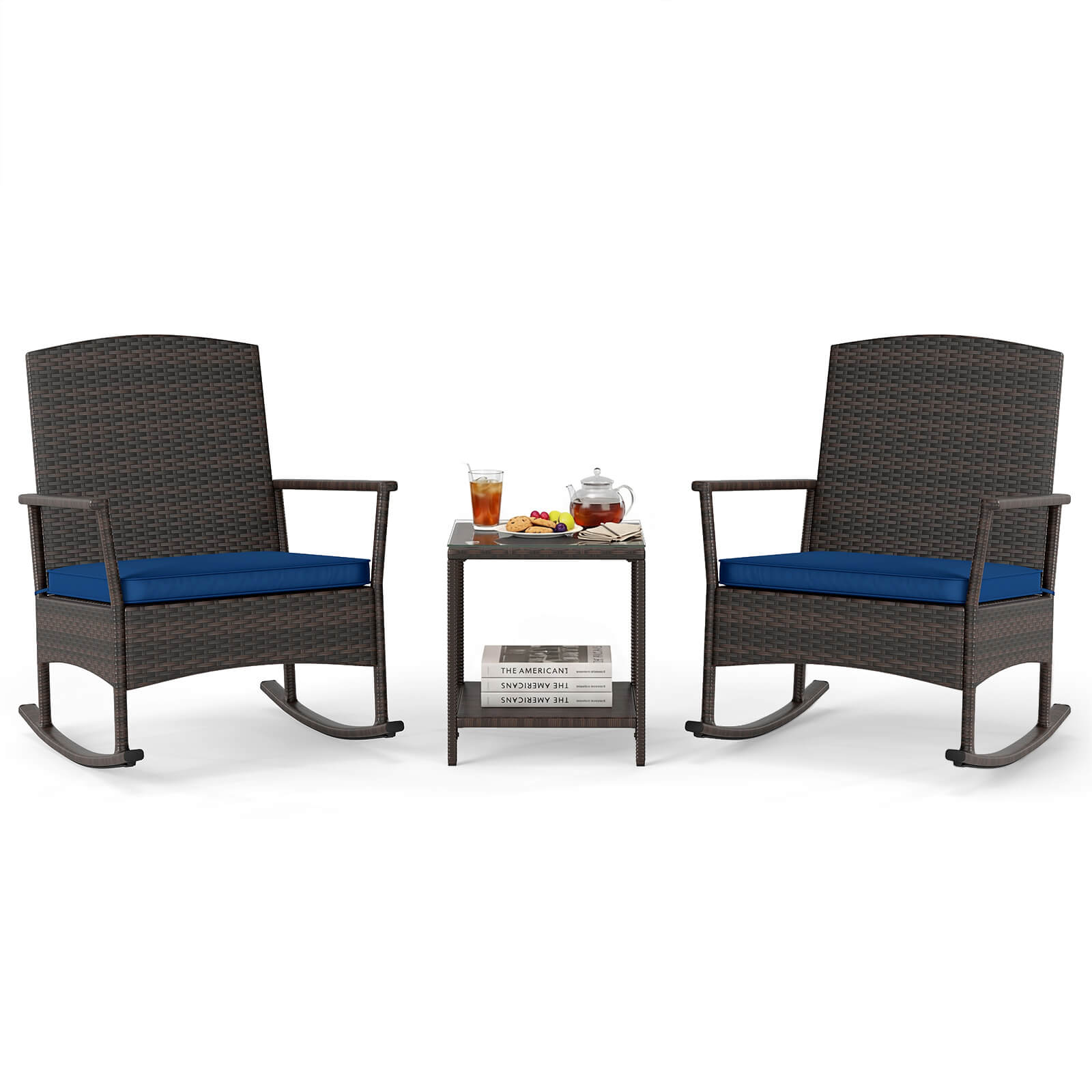 Costway - 3 Piece Patio Rocking Bistro Set, 2 Rattan Armchairs with 2-Tier Side Table - Mix Brown + Navy price history on PriceWatchPro