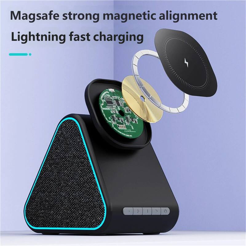 Left. RISOKEYS - 15W Wireless Fast Charger - Magsafe Wireless Charger, Bluetooth Speaker, Phone Stand, Charging Ambient Light - Black.