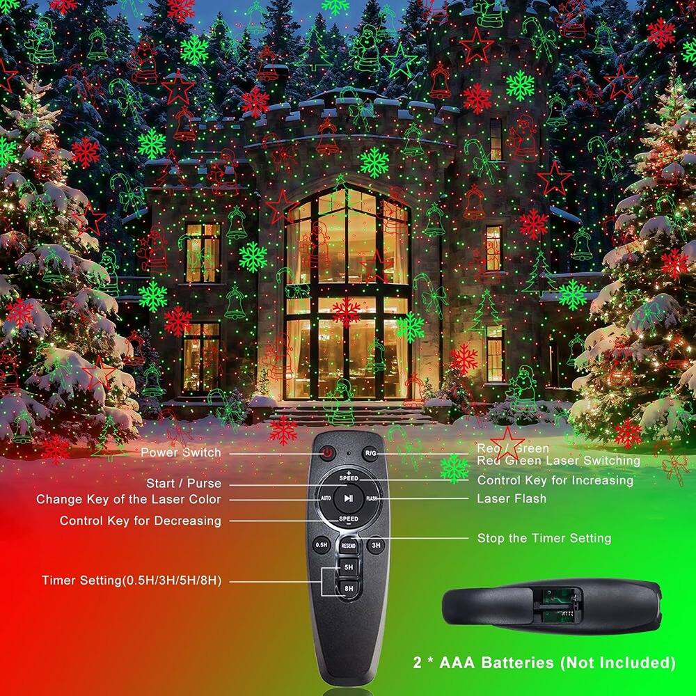 - Power Switch
- Start / Pause
- Change Key of the Laser Color
- Control Key for Decreasing
- Timer Setting (0.5H/3H/5H/8H)
- Red / Green Laser Switching
- Control Key for Increasing Laser Flash
- Stop the Timer Setting
- 2 * AAA Batteries (Not Included)
