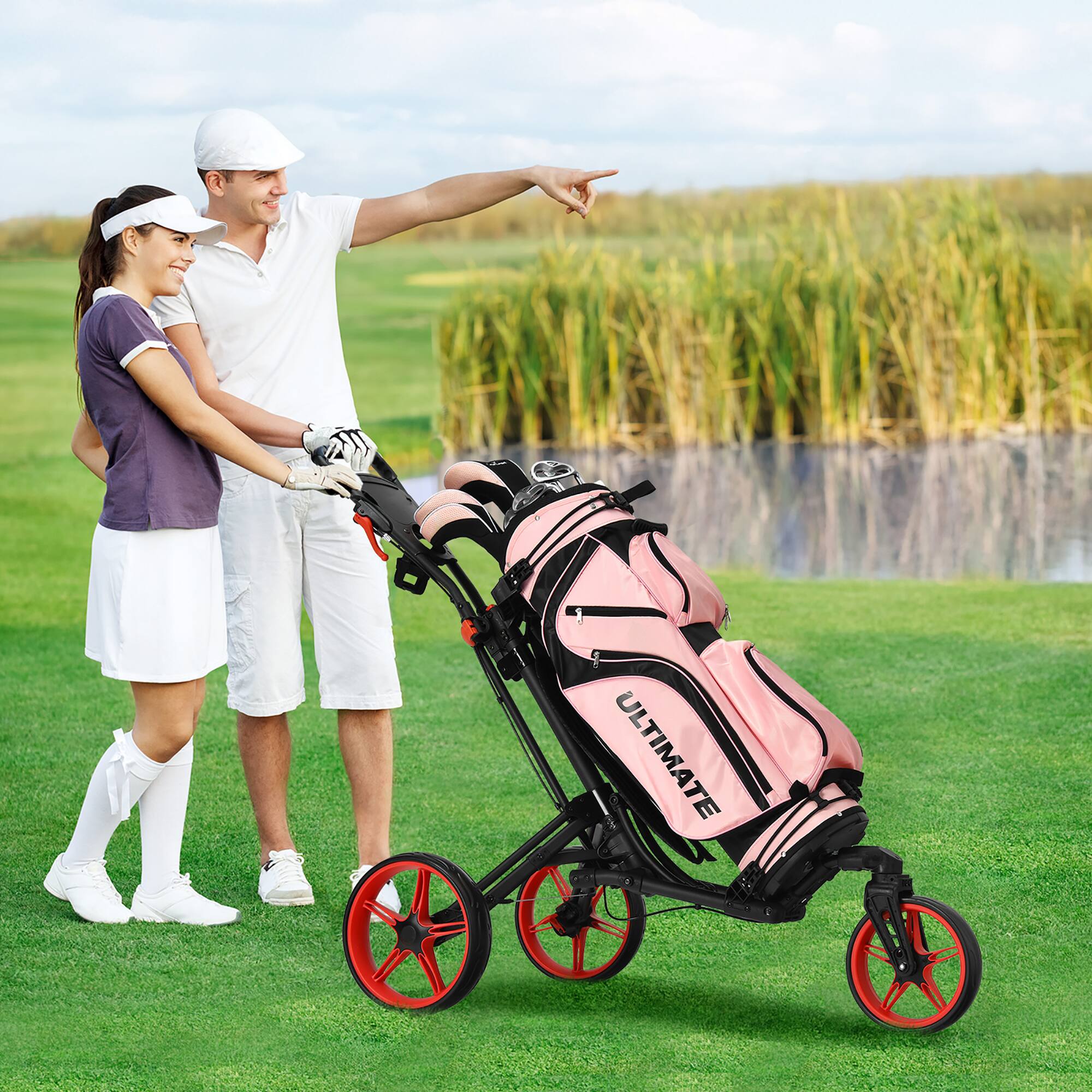 Alt View 5. Costway - Costway Folding Golf Push Cart W/Scoreboard Adjustable Handle Swivel Wheel - Red.