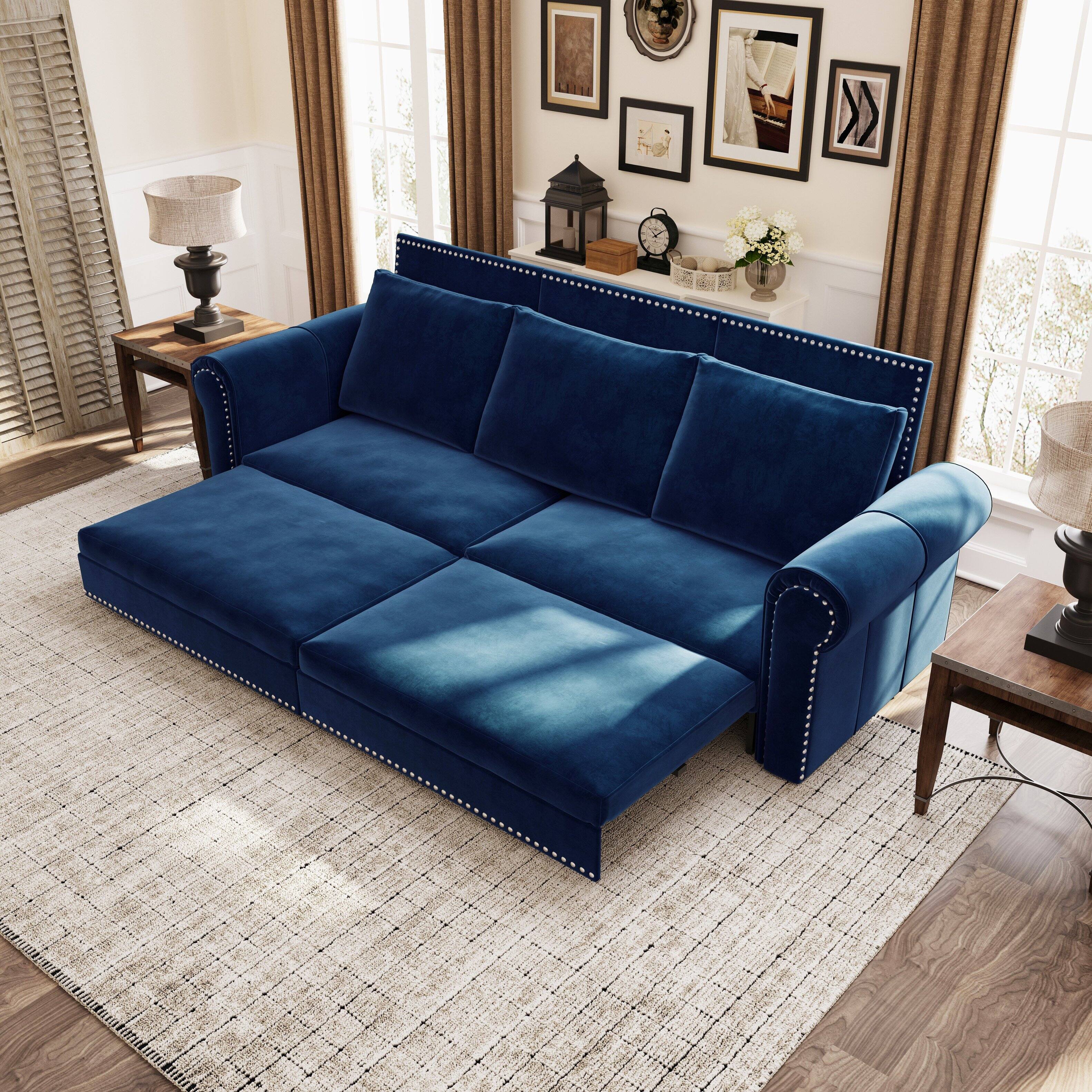 Angle. Anysun - 93.7" 3-in-1 Velvet Convertible Sofa Bed - King Pull-Out Sleeper, Nailhead Trim & Rolled Arms for Living Room & Bedroom - Blue.