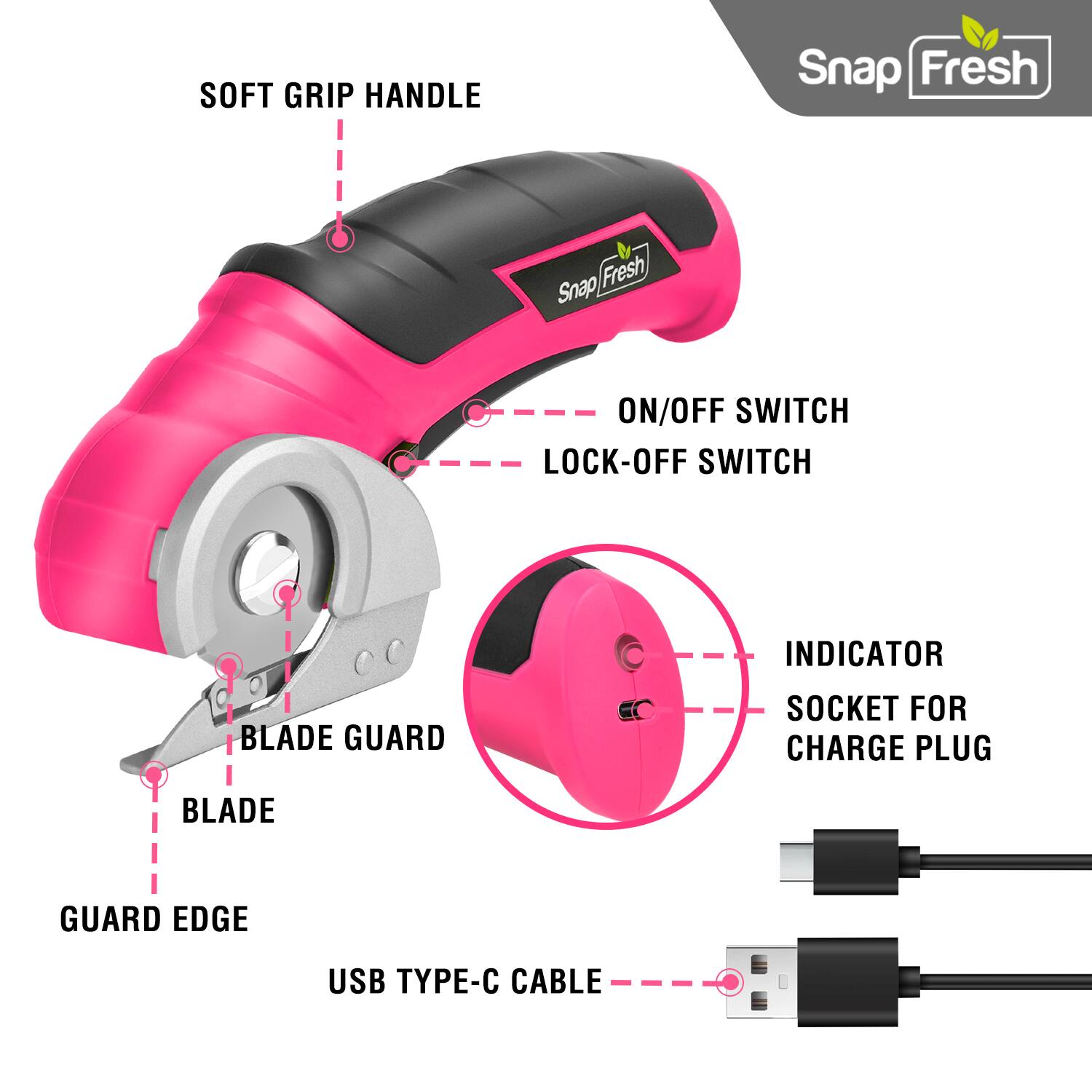 - SOFT GRIP HANDLE
- ON/OFF SWITCH
- LOCK-OFF SWITCH
- BLADE GUARD
- BLADE
- GUARD EDGE
- INDICATOR
- SOCKET FOR CHARGE PLUG
- USB TYPE-C CABLE