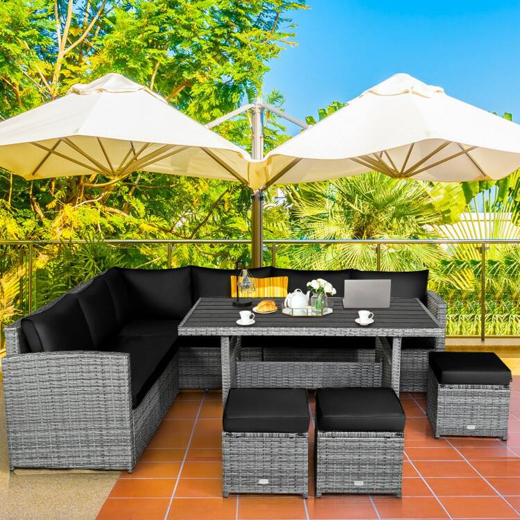 Angle. Mondawe - 7-Piece Sectional Rattan Sofa Set w/ Ottomans & Table, Outdoor Patio Conversation Set with Cushions - Black.