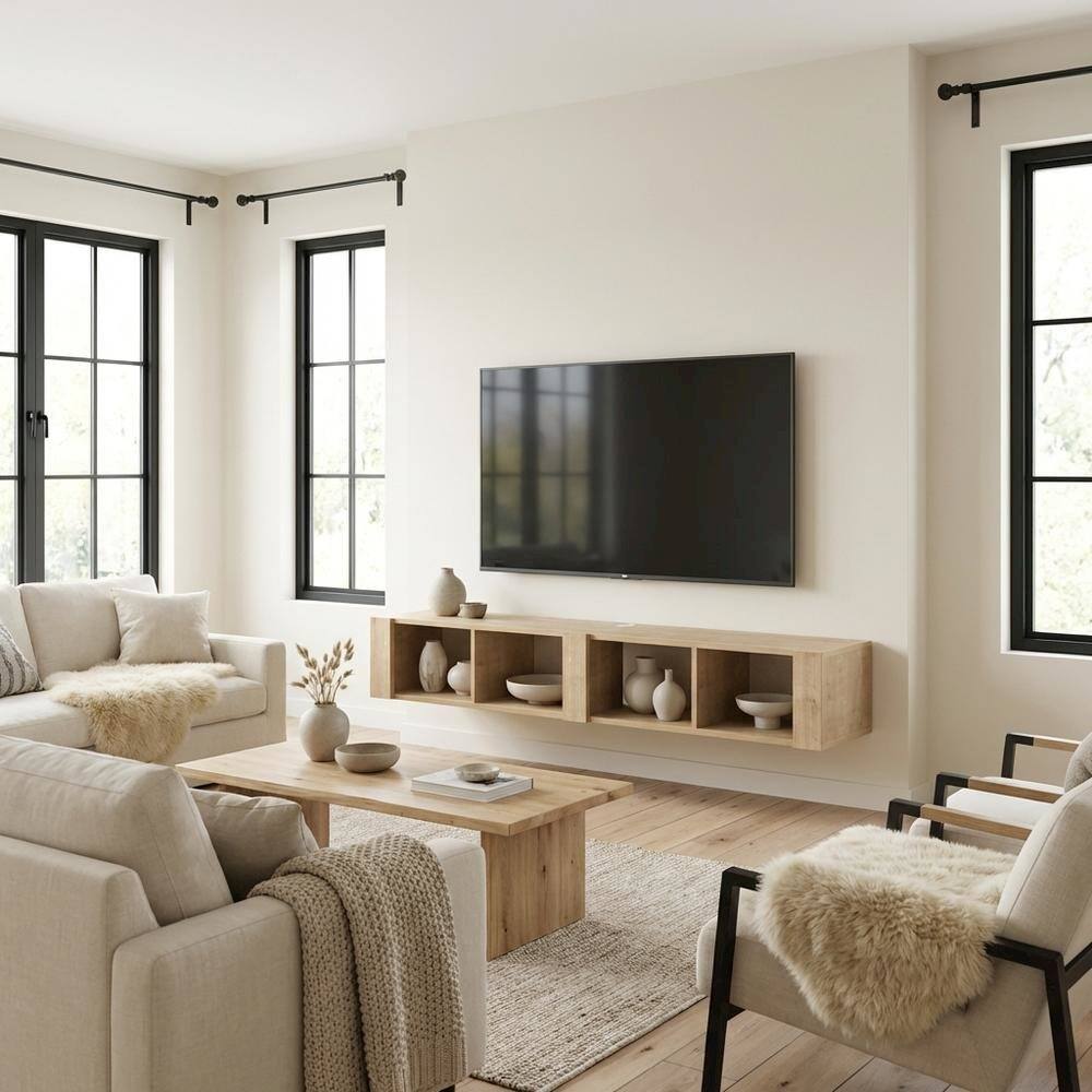 Alt View 2. FurniFact - Beige Floating TV Stand for 75 Inch TVs – Wall Mounted Entertainment Center - Beige.